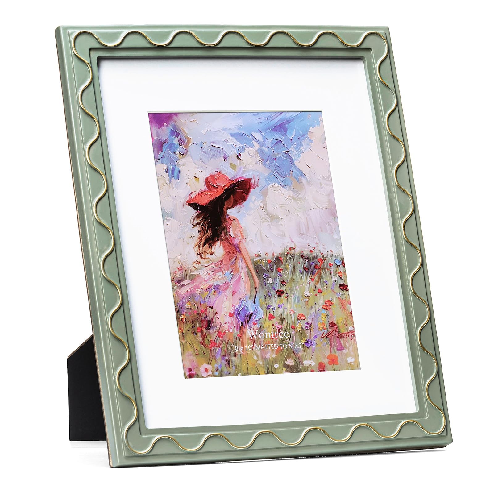 8x10 Picture Frame, Shinning Gold Swirls Against Sage-like Green, Resin Frame with Real Glass, Display 8x10 Photos Matted to 5x7, Vertical and Horizontal Desk Tabletop or Wall Hanging