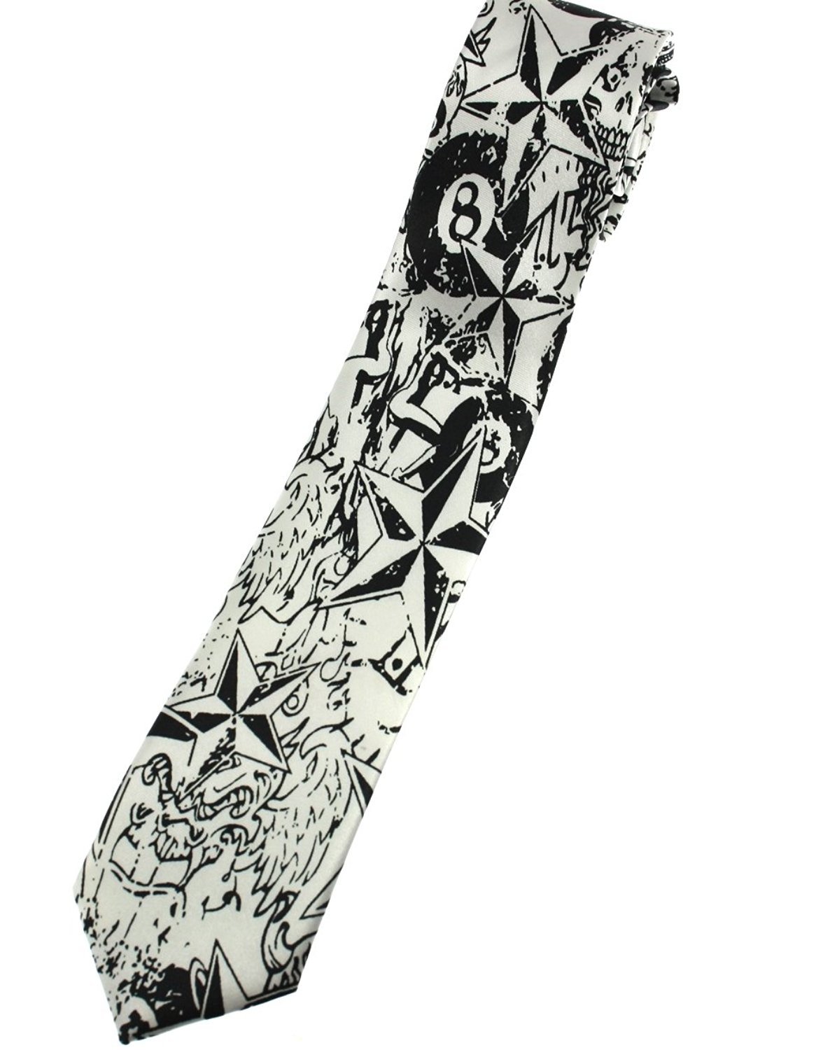 Zac's Alter Ego Unisex White/ Black Skulls, Stars & 8 Ball Tie