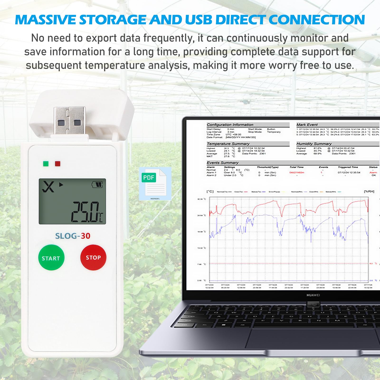 Registratore dati di temperatura, registratore dati USB per temperatura e umidità, registratore di temperatura riutilizzabile, 65000 punti, registratore di temperatura ad alta precisione con LCD PDF