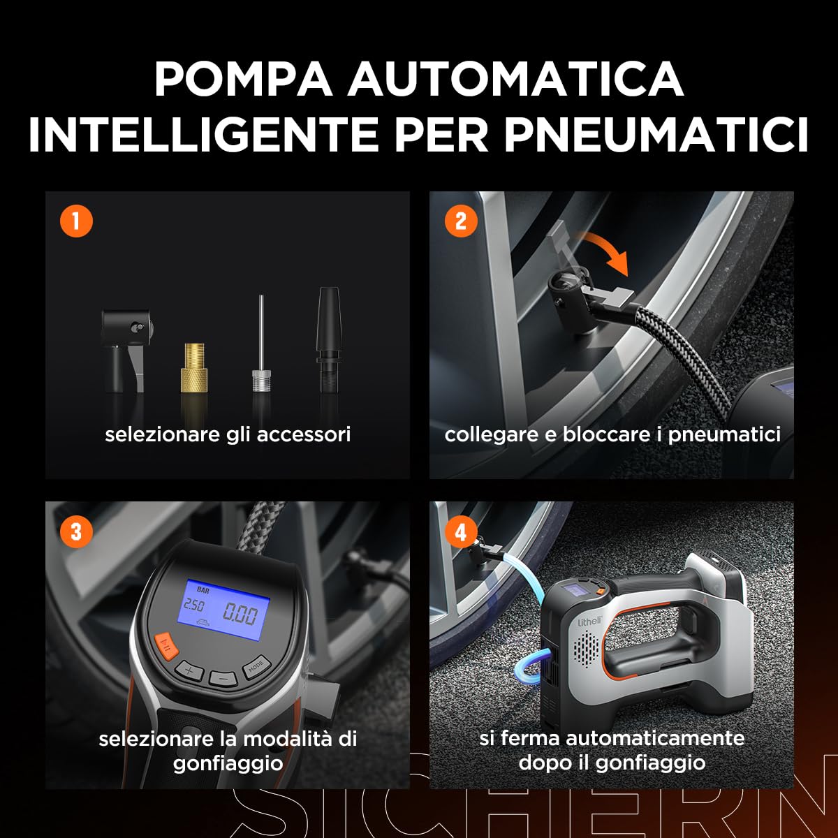 Litheli, pompa ad aria elettrica, 20 V, 10000 mAh, misuratore di pressione digitale a batteria, 160 PSI, pompa portatile per auto, bici e palle sportive