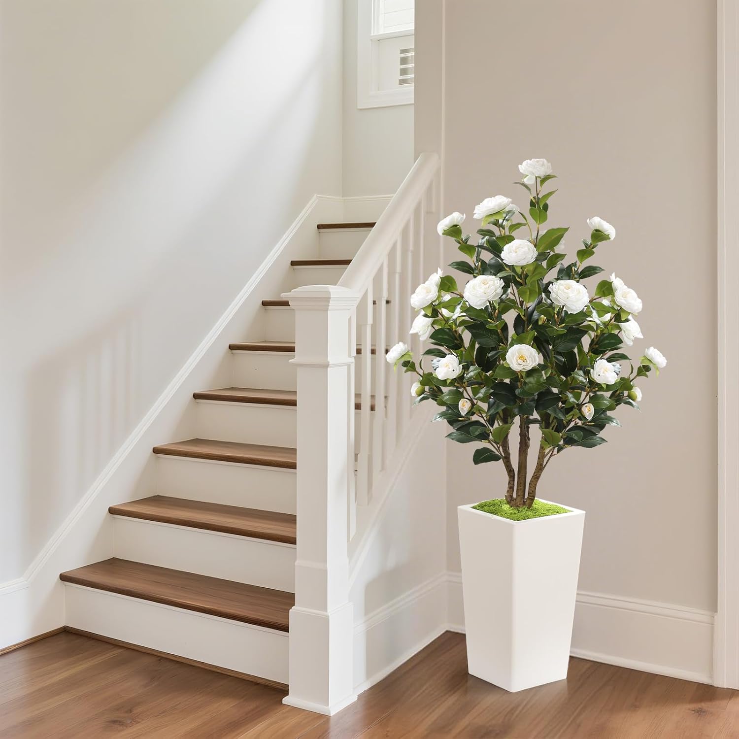 Romantic season 4FT Artificial Camellia Tree with White Tall Planter, Faux Camellia Plant Flower Tree for Modern Home Office Living Room Floor Décor Outdoor Indoor,White
