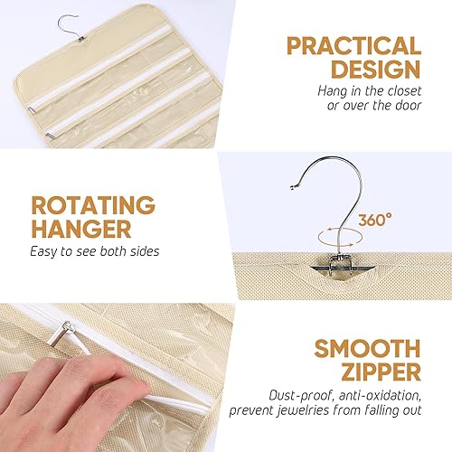 Miniatura 8 de Cabilock Organizador de joyas colgante, organizador de viaje de joyas, organizador de joyas colgante, colgador giratorio - 66 bolsillos de doble