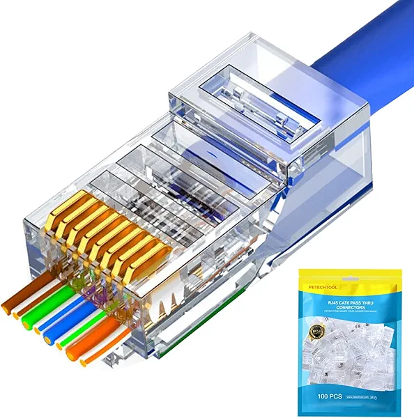 PETECHTOOL RJ45 Cat6 Cat5 Connectors Ends Gold Plated 8P8C Ethernet Pass Through Plug (100Pack)