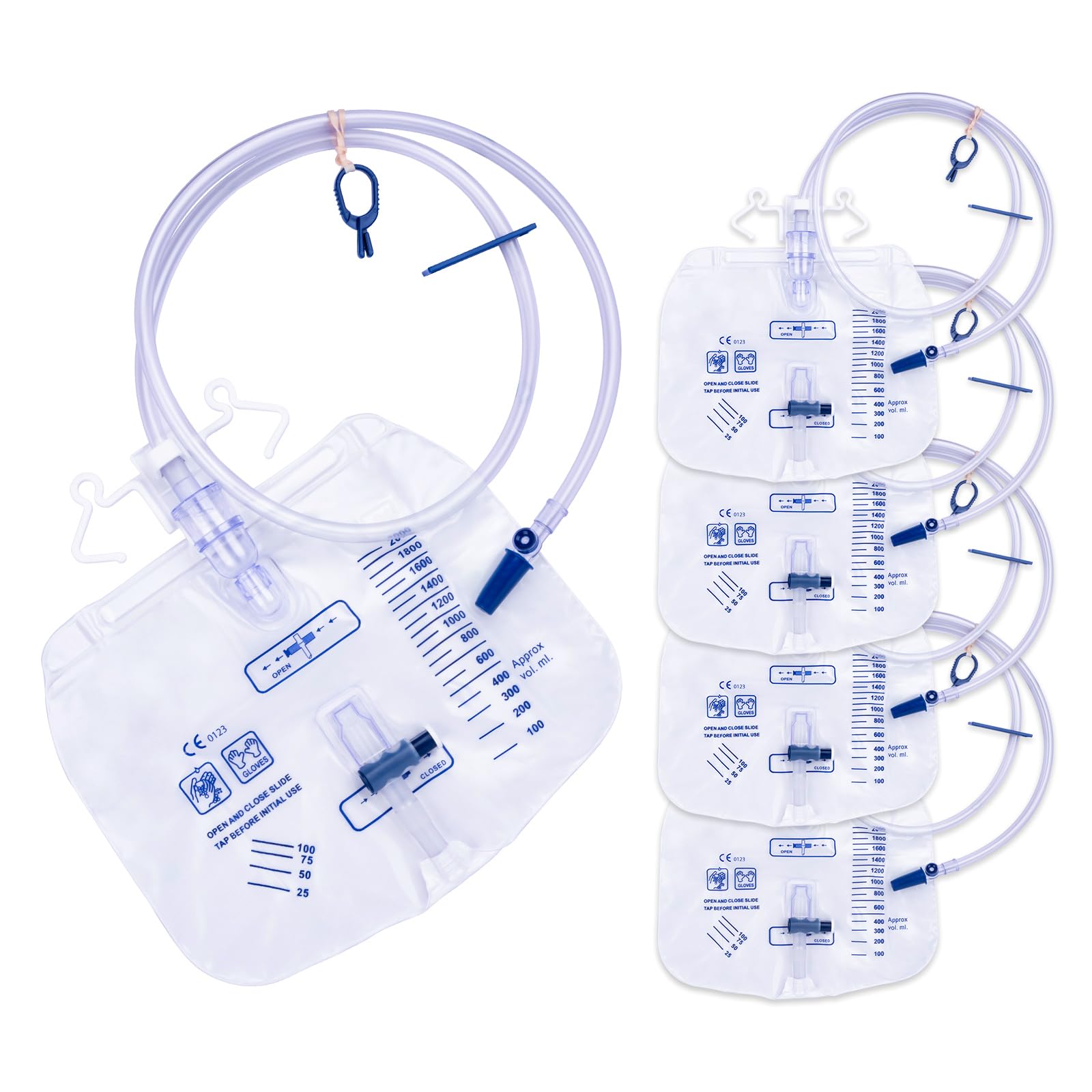 Katheterbeutel, 2000 ml Urinbeutel für Männer, Harnablaufbeutel mit verbesserter Anti-Reflux-Kammer, 121,9 cm verdickter Drainagerohr, verstellbare Clips und Haken zum Aufhängen, 5 Stück