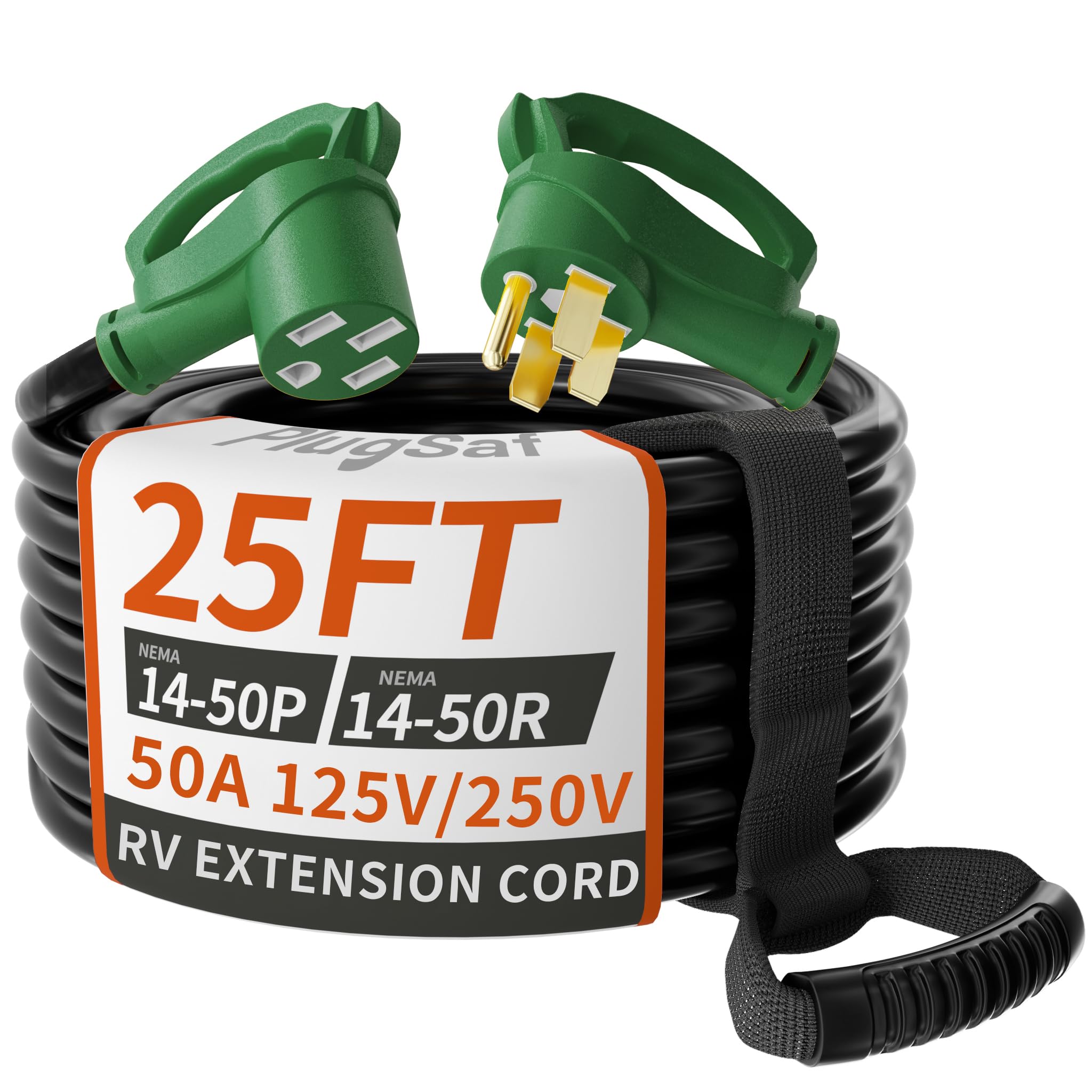 PlugSaf Cable de extensión RV/EV de 25 pies y 50 amperios para exteriores, 4 clavijas, flexible, resistente, calibre 6/3+8/1, STW RV impermeable, con organizador de cables, NEMA 14-50P a 14-50R,