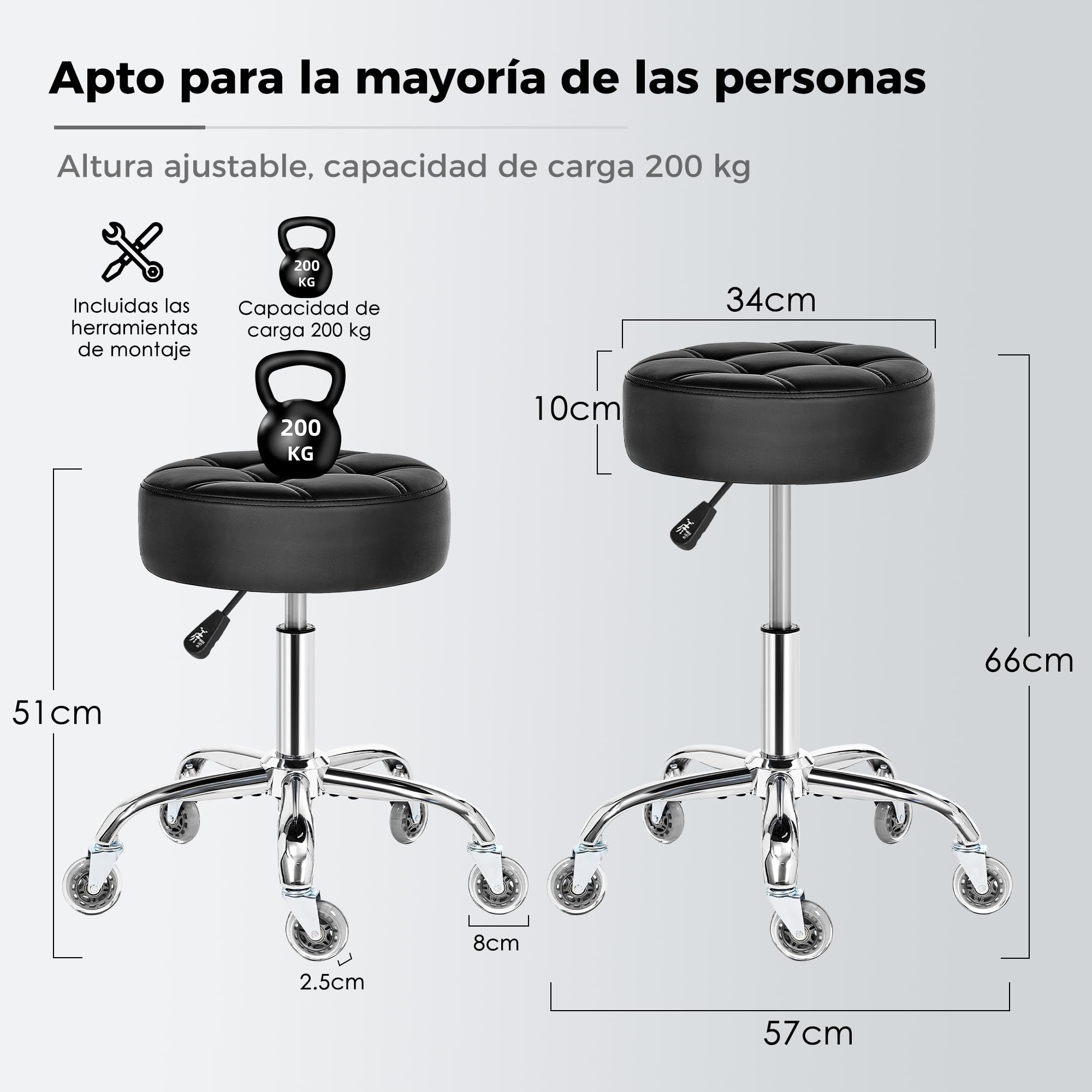 BEWISHOME Taburete con Ruedas, Ajustable giratoria de 360°, Silla de Piel sintética Resistente para Asiento Grueso,Peso de 200 kg, para salón de Belleza, SPA, clínica(Negro)