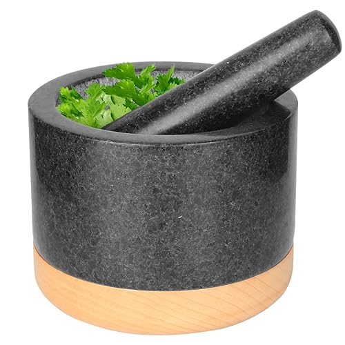 Kota Japan - Mortero de granito grande y molinillo de piedra natural con base de madera de haya para especias, condimentos, pastas, pestos y