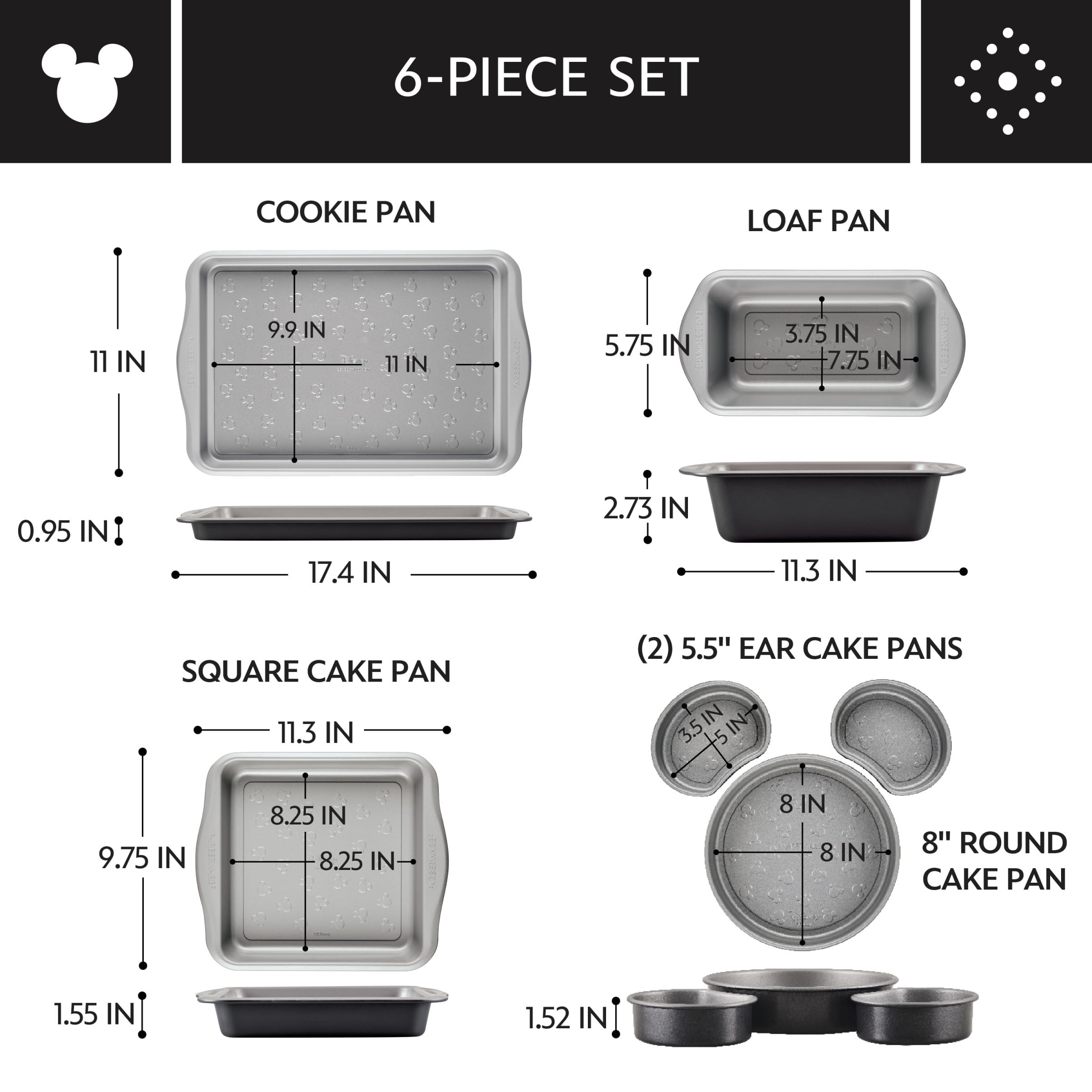 Farberware Disney Bake with Mickey Mouse Nonstick Bakeware Set/Baking Pans with Disney Home Oven Mitts, Cookie Pans, Muffin/Cupcake and Loaf Pan, 6 Piece - Black: Bakeware Set