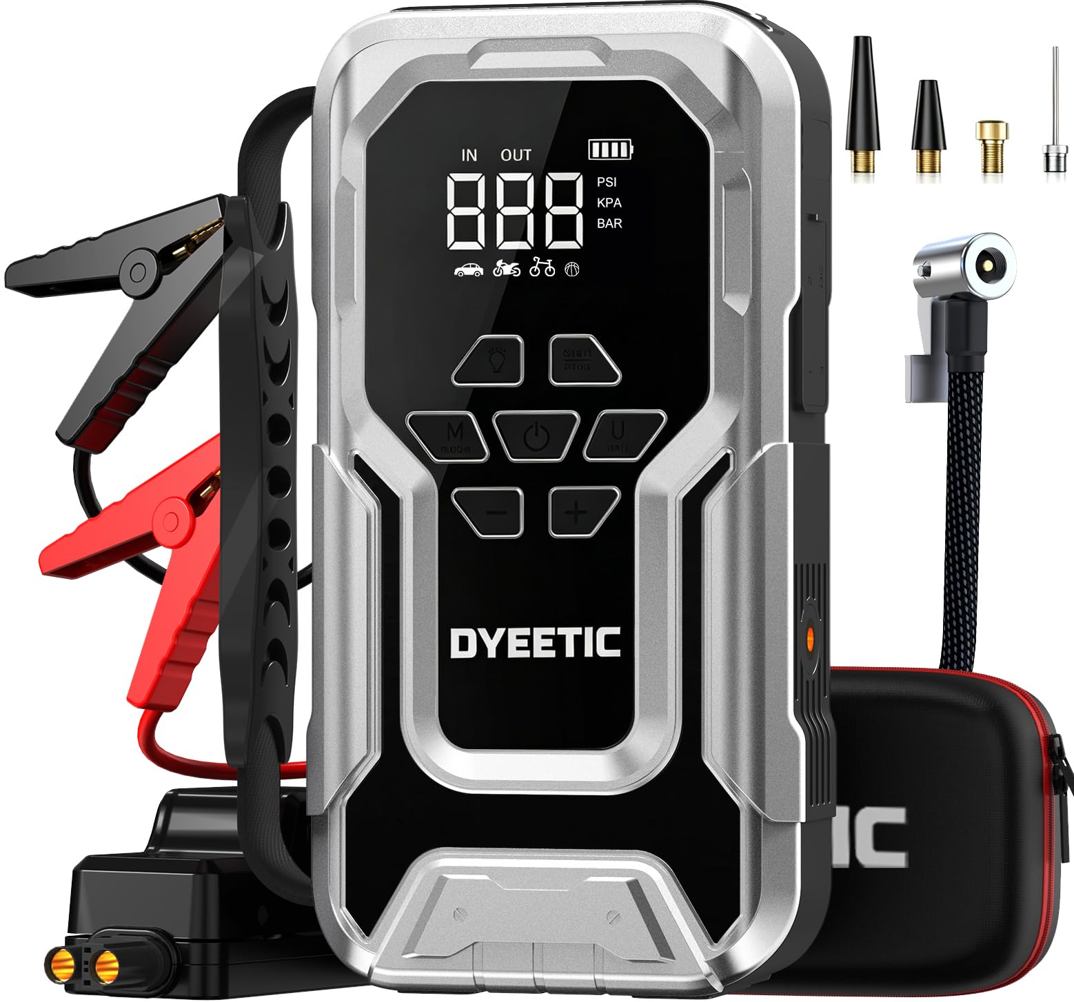 Booster Batterie Voiture Lithium 7000A avec Compresseur 150PSI/10.3Bar, 12V Gonfleur Pneus Voiture Porteable pour Véhicule (Jusqu’à Tout Essence & 12L Diesel), Lumière LED, Câbles de Démarrage