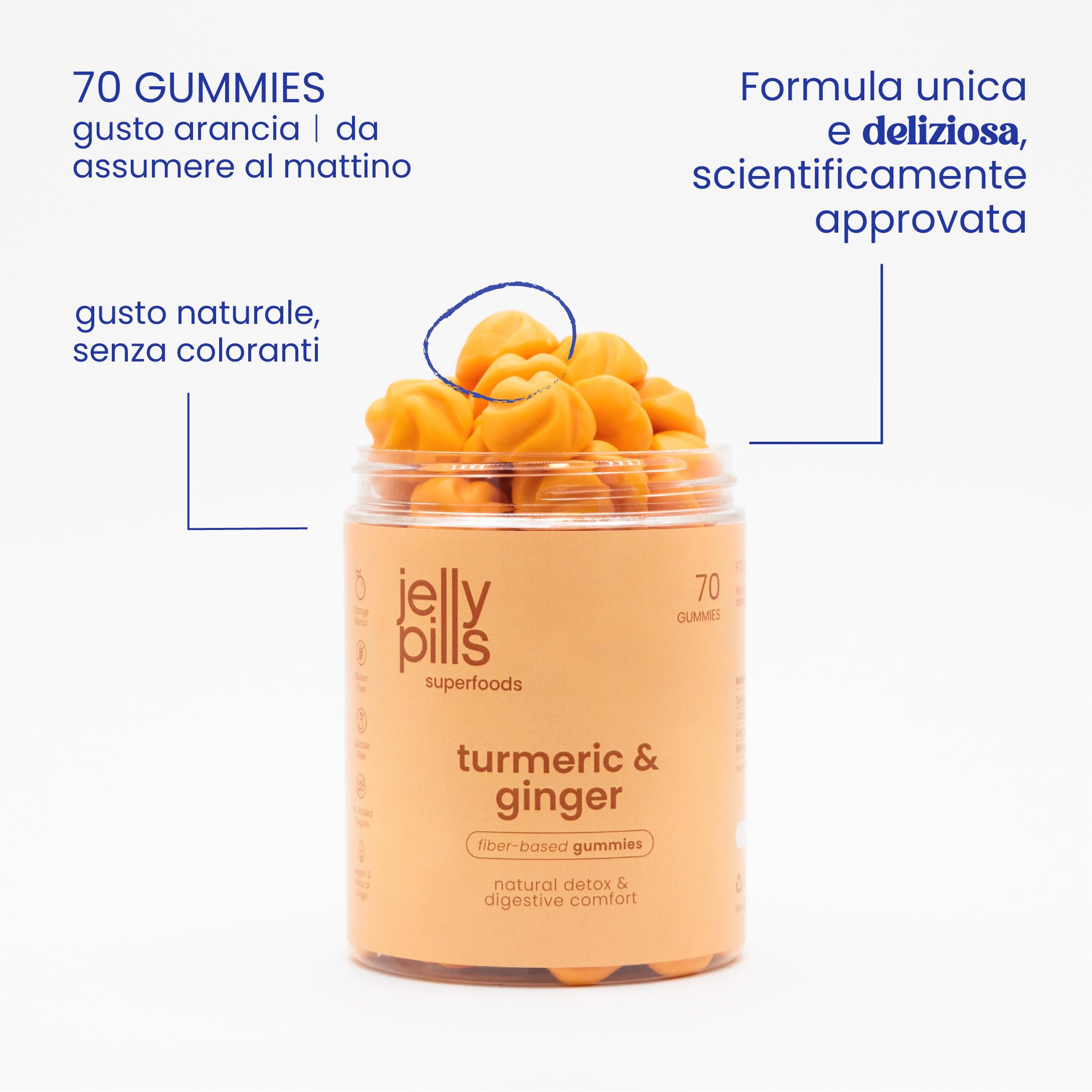 Jelly Pills Gommose Curcuma con Zenzero Piccante e Pepe Nero - Fonte di Curcumina e Piperina - 70 Gummies Vegane - Senza Zuccheri Aggiunti - Gusto Arancia Naturale - Salute Digestiva