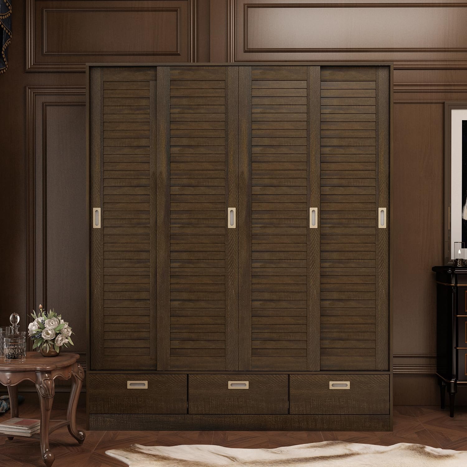 AIEGLE 4 Sliding Doors Wardrobe Armoire with 3 Drawers, 59.1" Wide Large Freestanding Armoire Wardrobe Closet with Shelves & 3 Hanging Rods, Bedroom Clothes Storage Cabinet Organizer, Brown