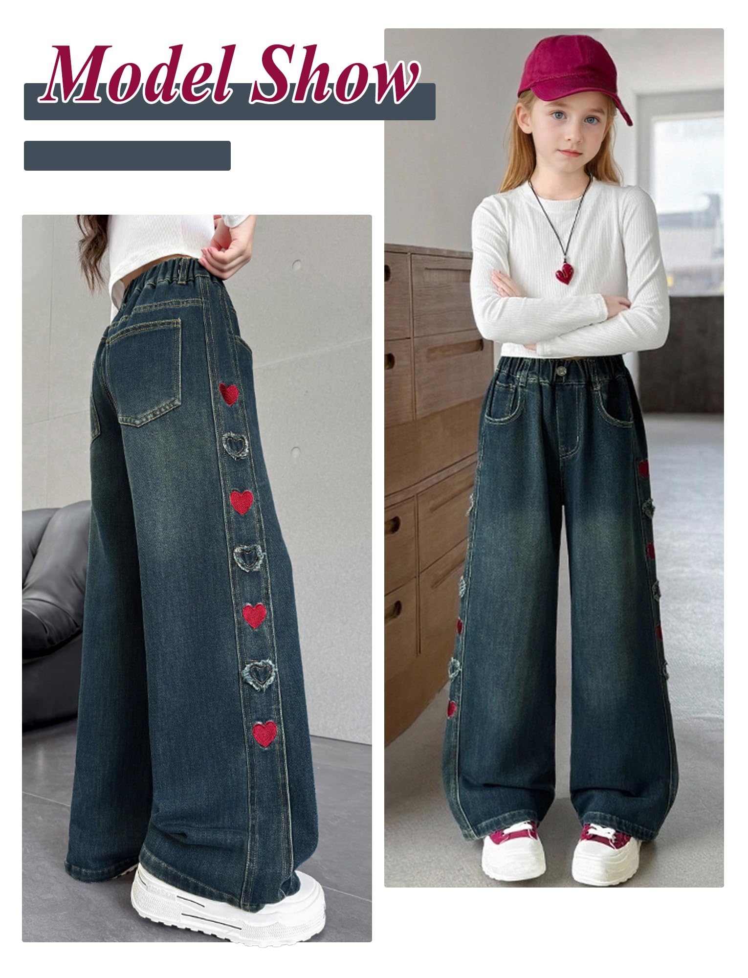 Vaqueros de Pierna Recta para Niña Pantalones de Denim Cintura Elástica Pantalones de Algodón Cómodo Jean Bordado Transpirable 5-13 Años