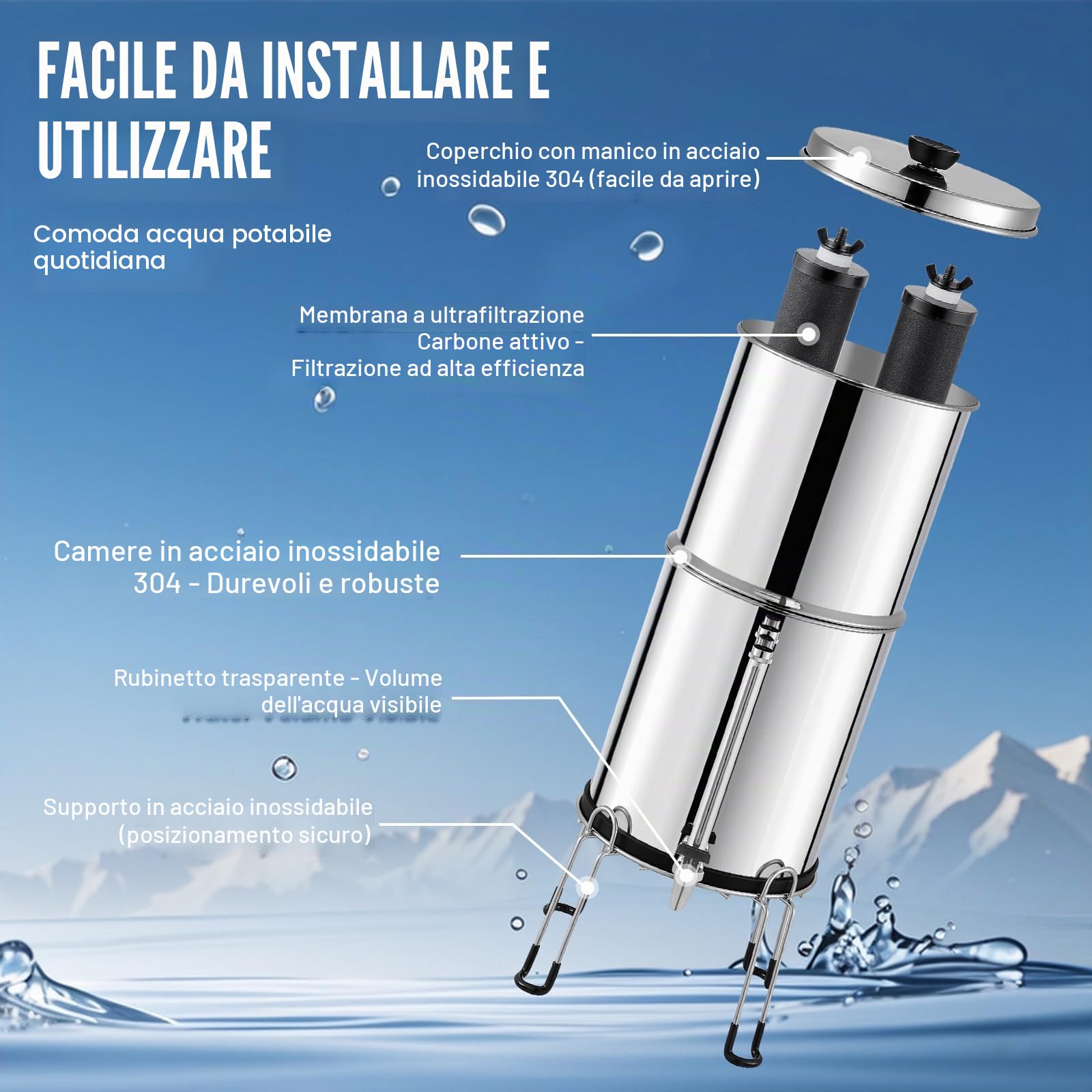VEVOR Sistema di Filtraggio Acqua a Gravità Sistema in Acciaio Inox Sistema Filtraggio Acqua 7+8,5 L, Riduce Piombo e Cloro, con 2 Filtri al Carbone, Indicatore del Livello dell'Acqua, Camper