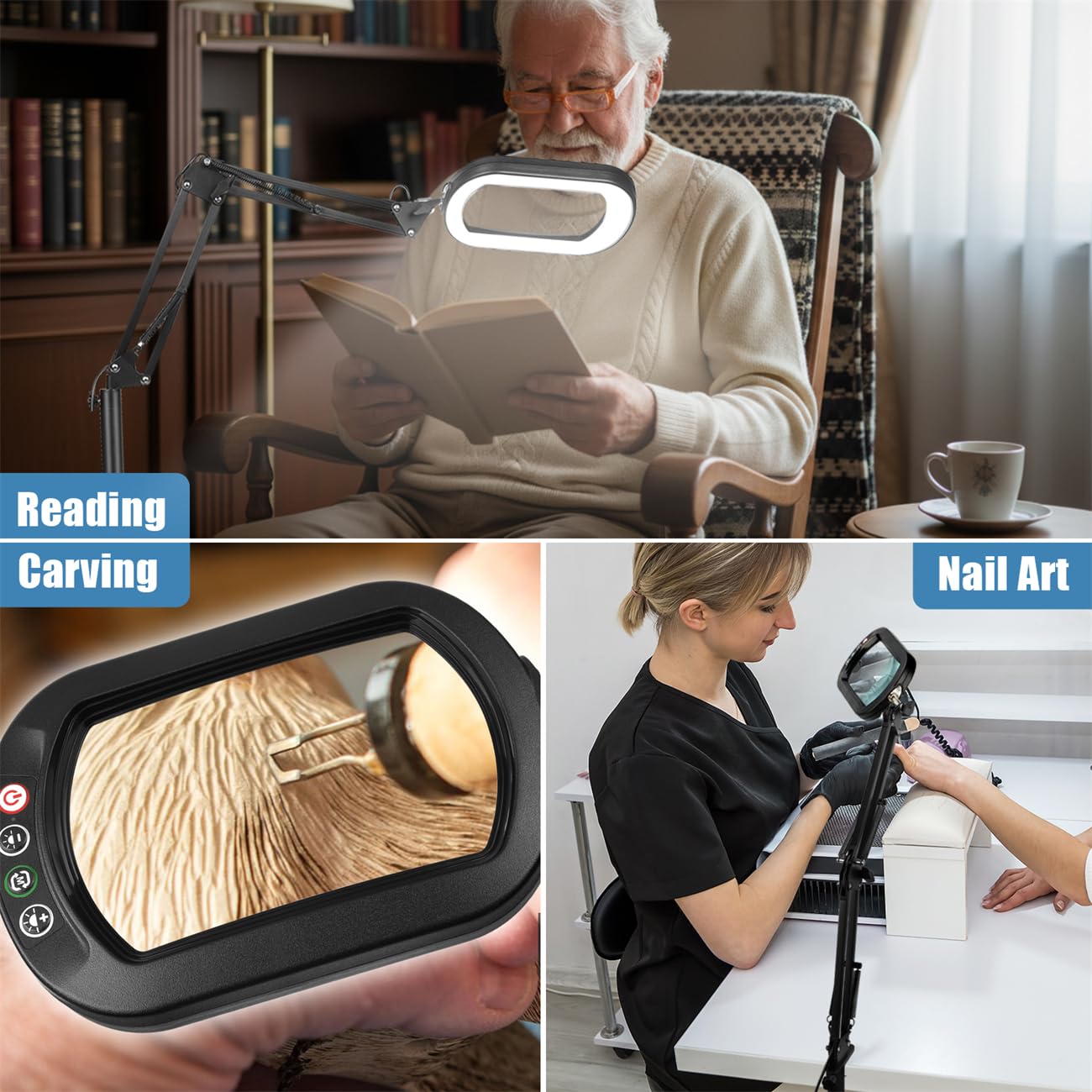 IVMAIE Lupa de 10 aumentos con luz y soporte, lámpara de pie 3 en 1 con abrazadera, 5 modos de color, LED regulable, lupa de pie con luz manos libres para trabajos cercanos, costura, pintura, lectura