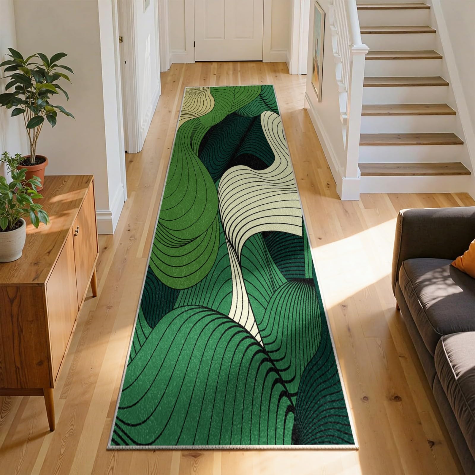 WAOTMN Green Non-Slip Hallway Runner Rugs,80x300cm,Abstract Swirl Geometric Pattern Fade-Resistant Machine Washable Kitchen Rug,Luxurious Modern Art Decor Office High Traffic Area Hall Rug
