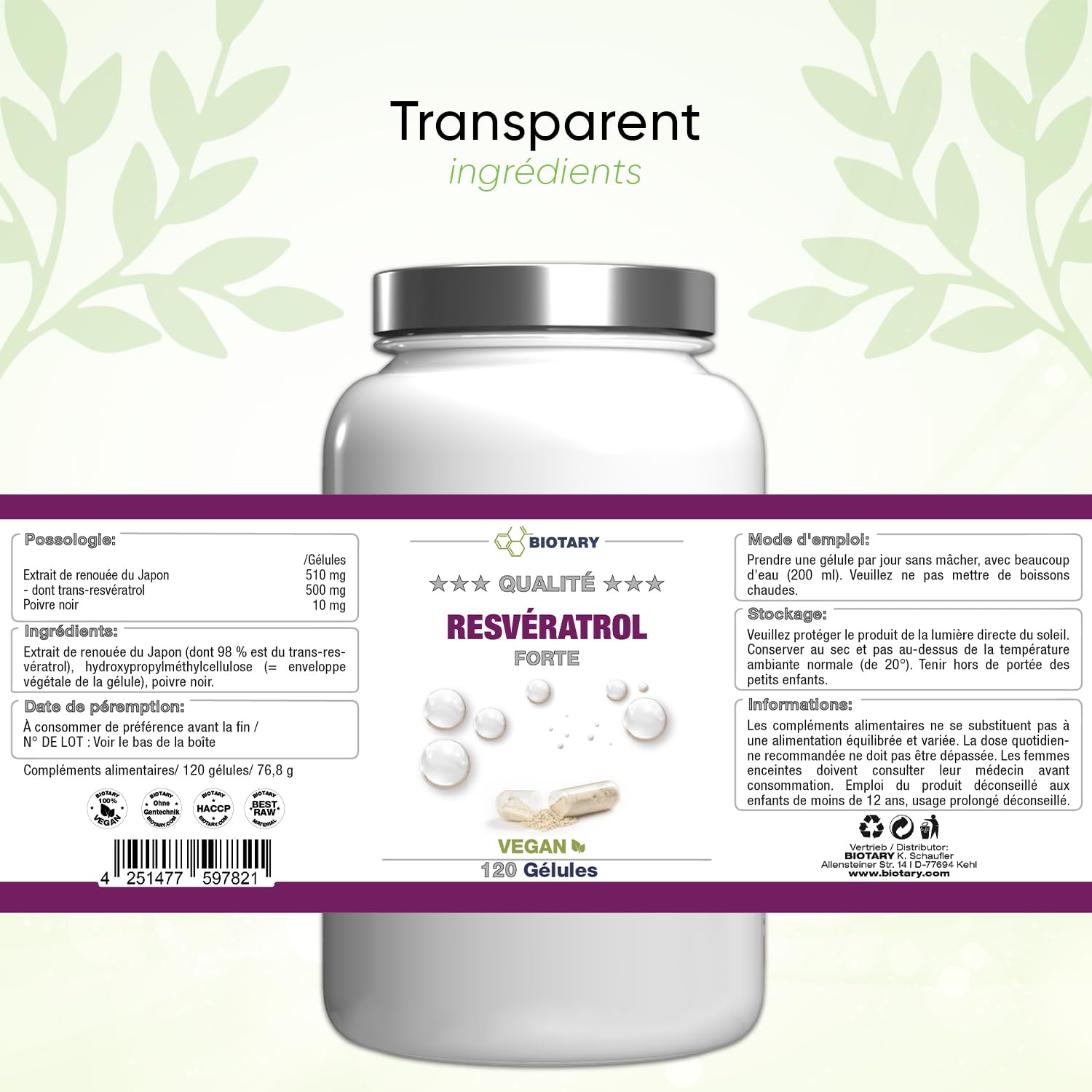 Resveratrol 120 gélules 500 mg, 4 mois d'approvisionnement, pilulier inclus, testé en laboratoire, végétalien, 98% de trans-resvératrol d'extrait de racine de renouée japonaise
