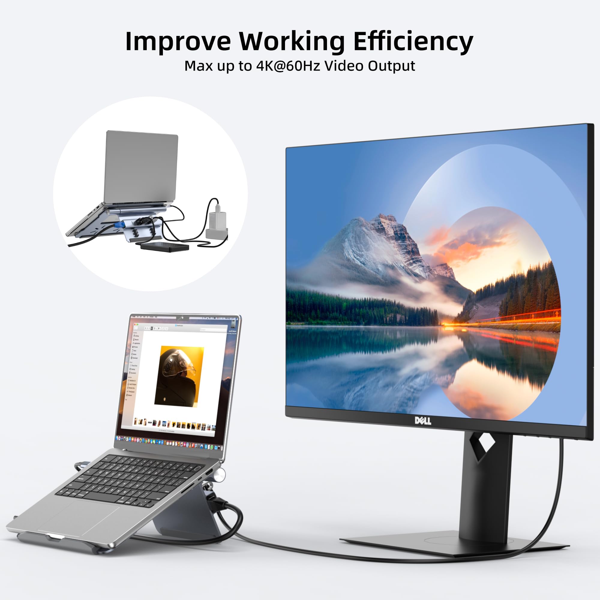 Station d'accueil pour ordinateur portable pour bureau, hub USB C 6 en 1, HDMI 4K60Hz, PD 100 W, 3 concentrateurs USB 3.0, Gigabit Ethernet, support réglable en aluminium pour MacBook Air/Pro/Surface
