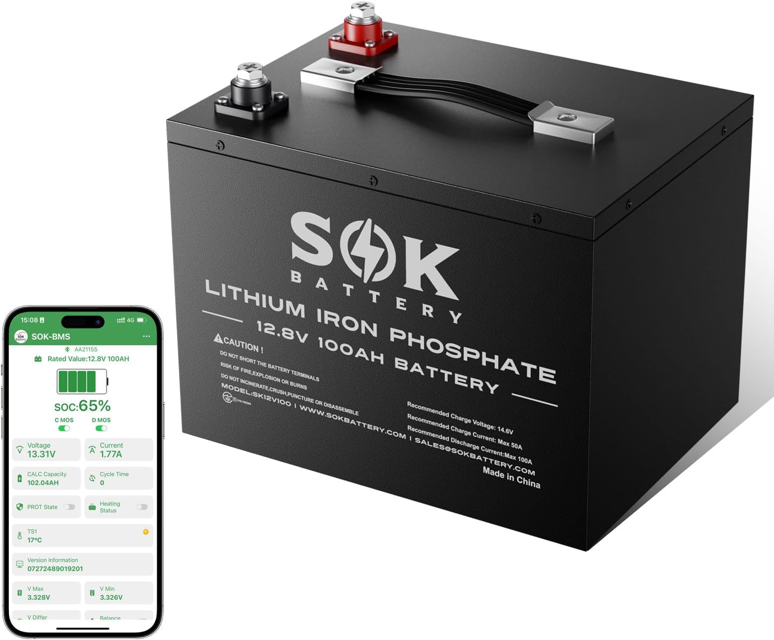 SOK Battery 12V 100Ah LiFePO4 Deep Cycle Lithium Iron Phosphate Battery, Built-in Bluetooth, Low Temperature Protection & Self Heating Function, Suitable for RV and Solar & Wind Off-Grid Use