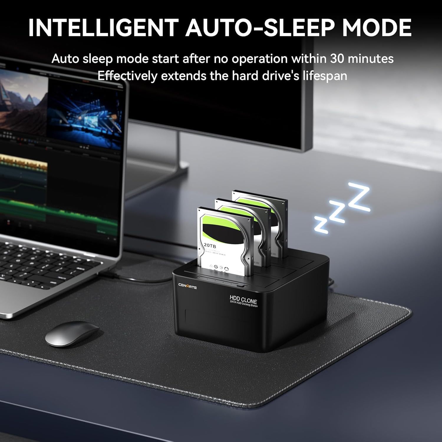 CENMATE 3 Bay Hard Drive Docking Station on a desk next to a monitor, illustrating the auto-sleep mode feature.