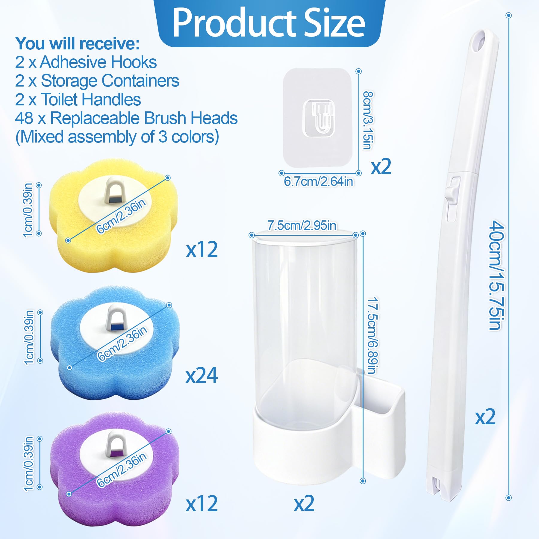 TZEKING Set Scopino WC Usa e Getta 54 Pezzi – 2 Spazzole con Manico Lungo, 2 Supporti a Parete con Staffa Adesiva, 48 Ricariche Detergenti in Spugna per Pulizia Bagno, Lavandino e Vasca
