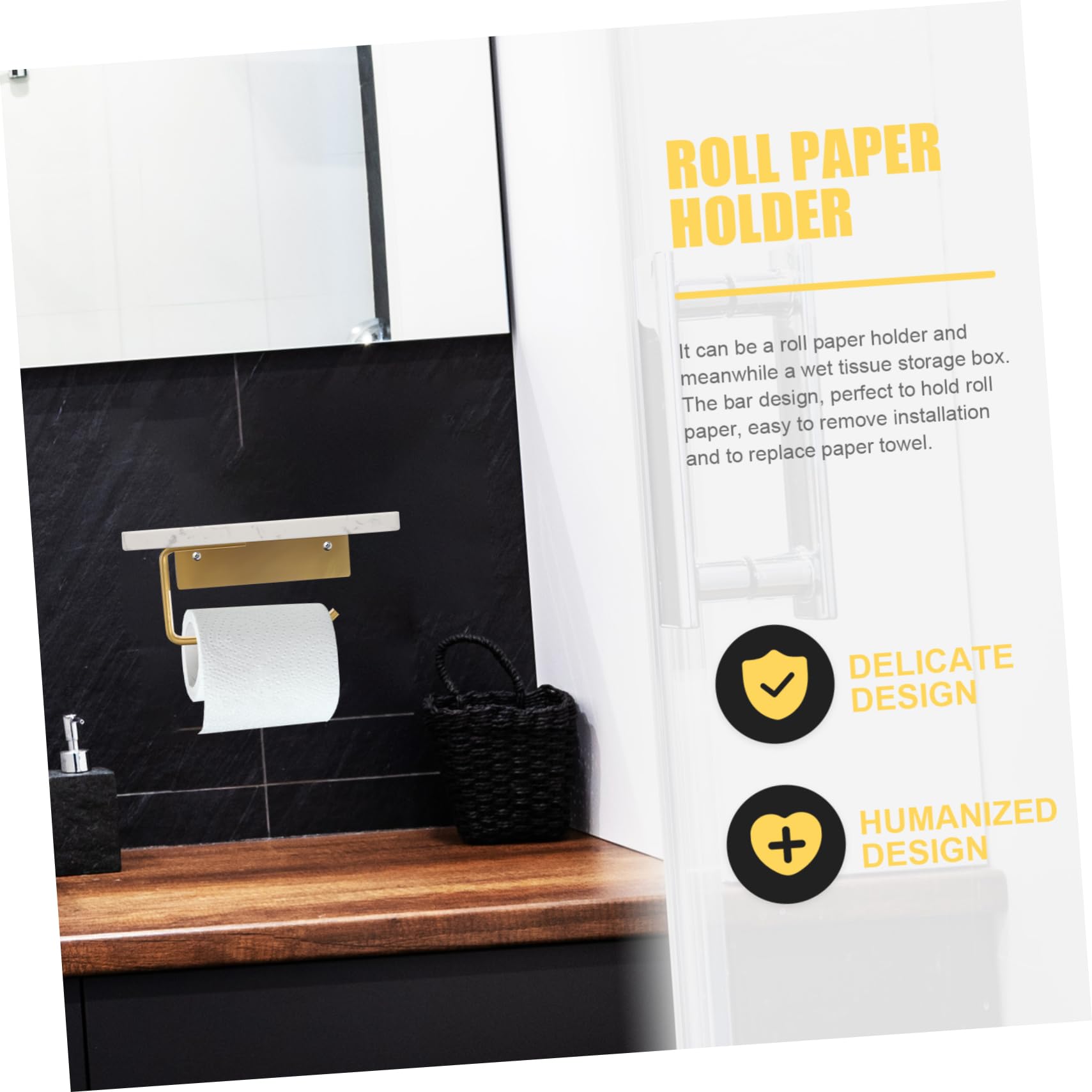 UKCOCO Portarrollos de Papel Higiénico de Mármol Blanco, Soporte de Aluminio Montado en Pared con Estante, Fácil de Instalar para Baño