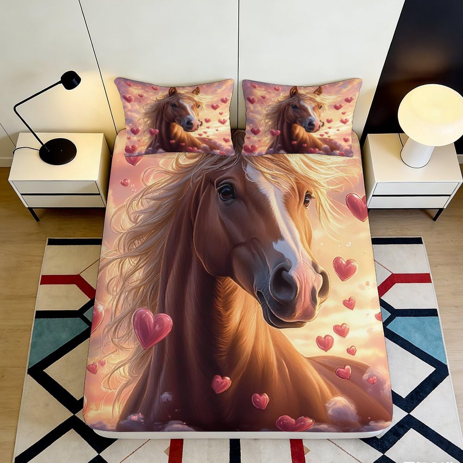 3D Printed Romantic Horse Fitted Sheet Microfiber Soft Durable 3D Printed Heart Pattern Mattress Cover for Bedroom Dormitory Guest Room Protection 200x200x25cm