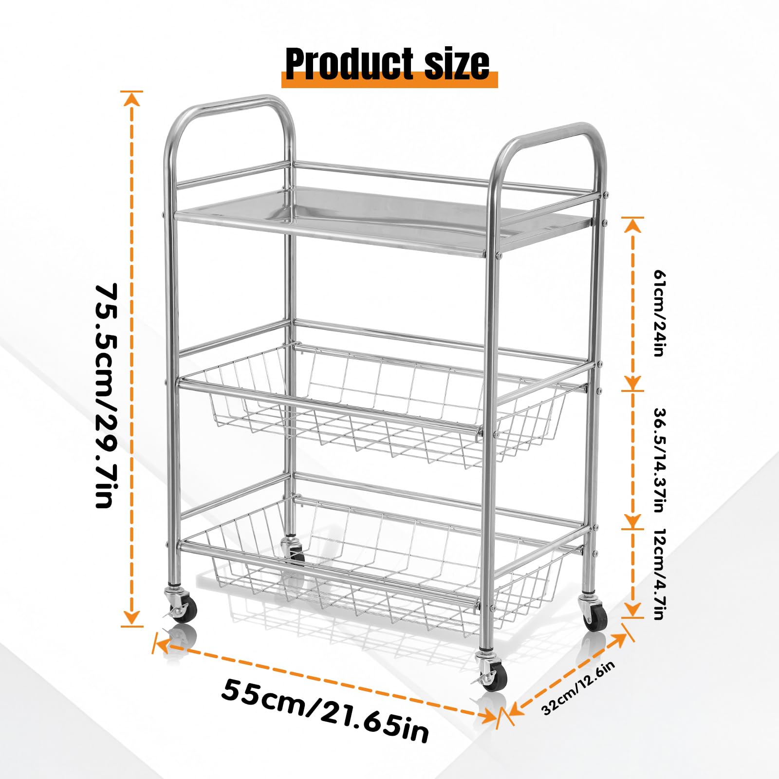 Carrello Industriale a 3 Ripiani con Scaffalatura Metallica | Ruote Bloccabili & Acciaio Commerciale | Soluzione per Cucina, Dispensa e Garage