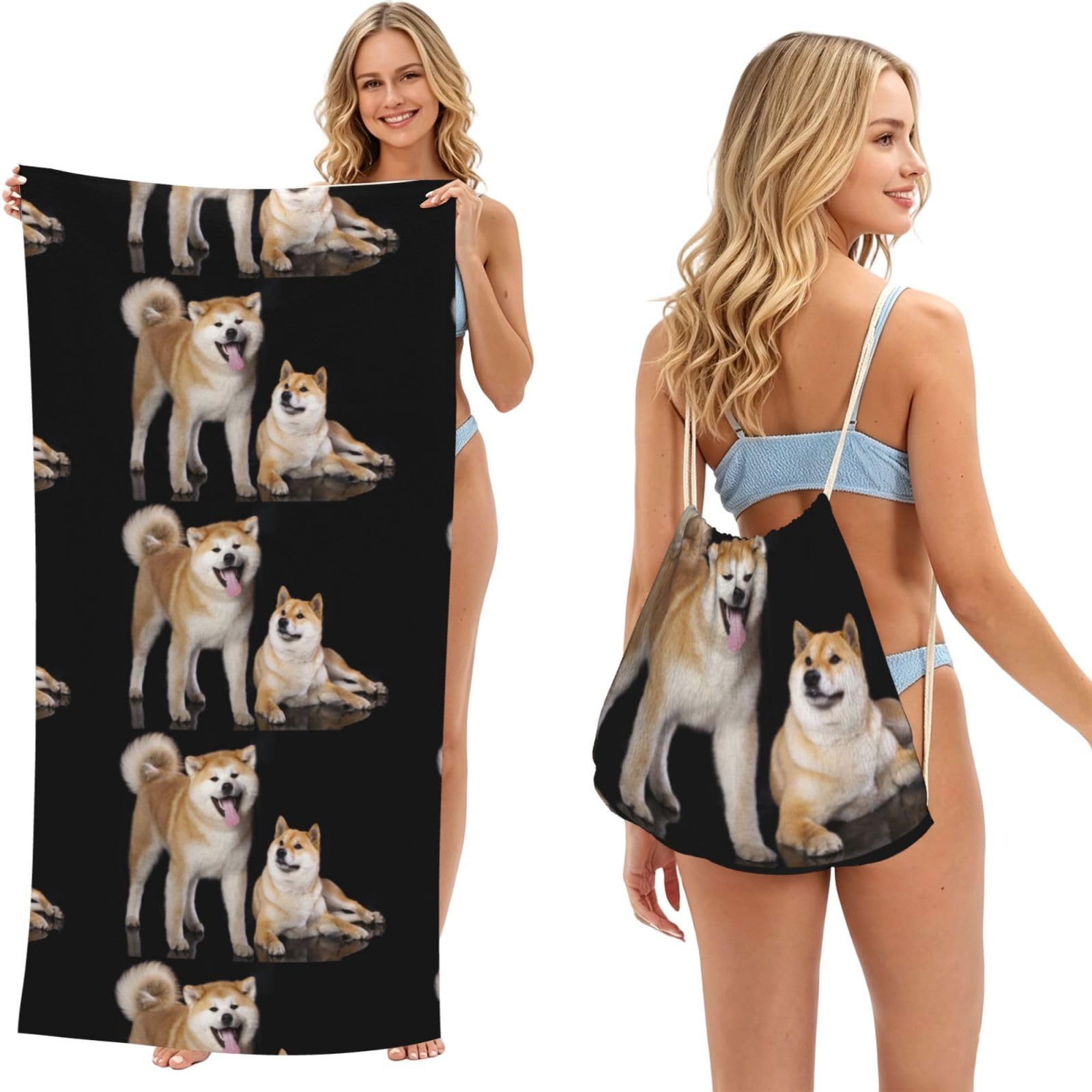 Poadnly As Picture Shiba Inu Akita Inu, 2 In 1 Packable Towel Bag, Beach Towels With Drawstring Backpack For Travel Holiday Camping