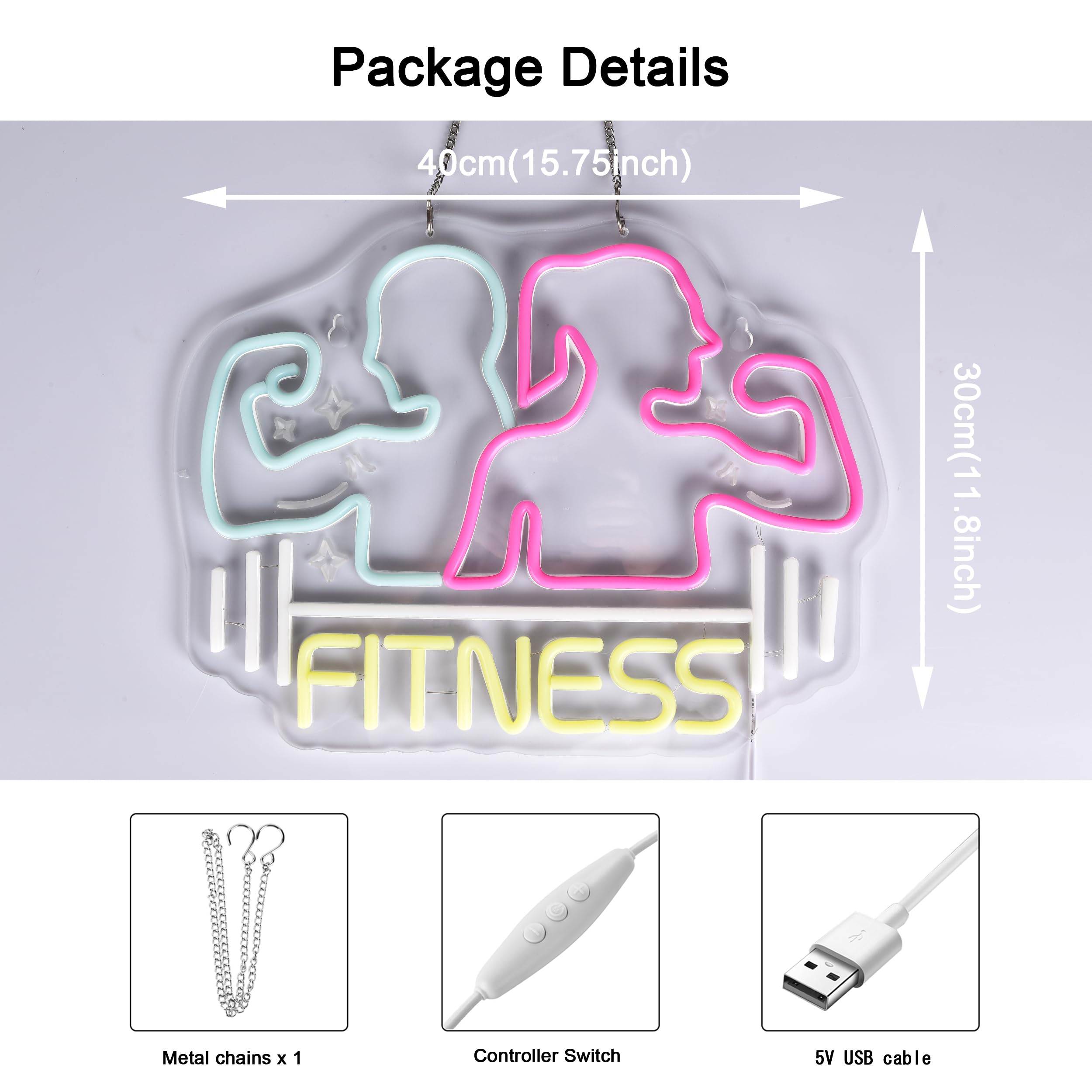 Letrero de neón de fitness, luces de neón para colgar en la pared, decoración para gimnasio, sala de deportes, sala de juegos, cueva de hombre, regalos para niños y niñas, alimentado por USB,