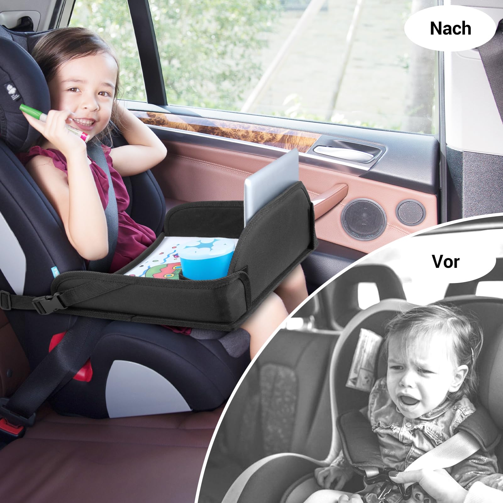 INFANZIA Reisetisch Kindersitz für Kinder - Knietablett, Snack Tablett, Kindersitz Rücksitz für Auto Flugzeug Zug Reisen - Unterstützung, Faltbarer Organizer (Schwarz)