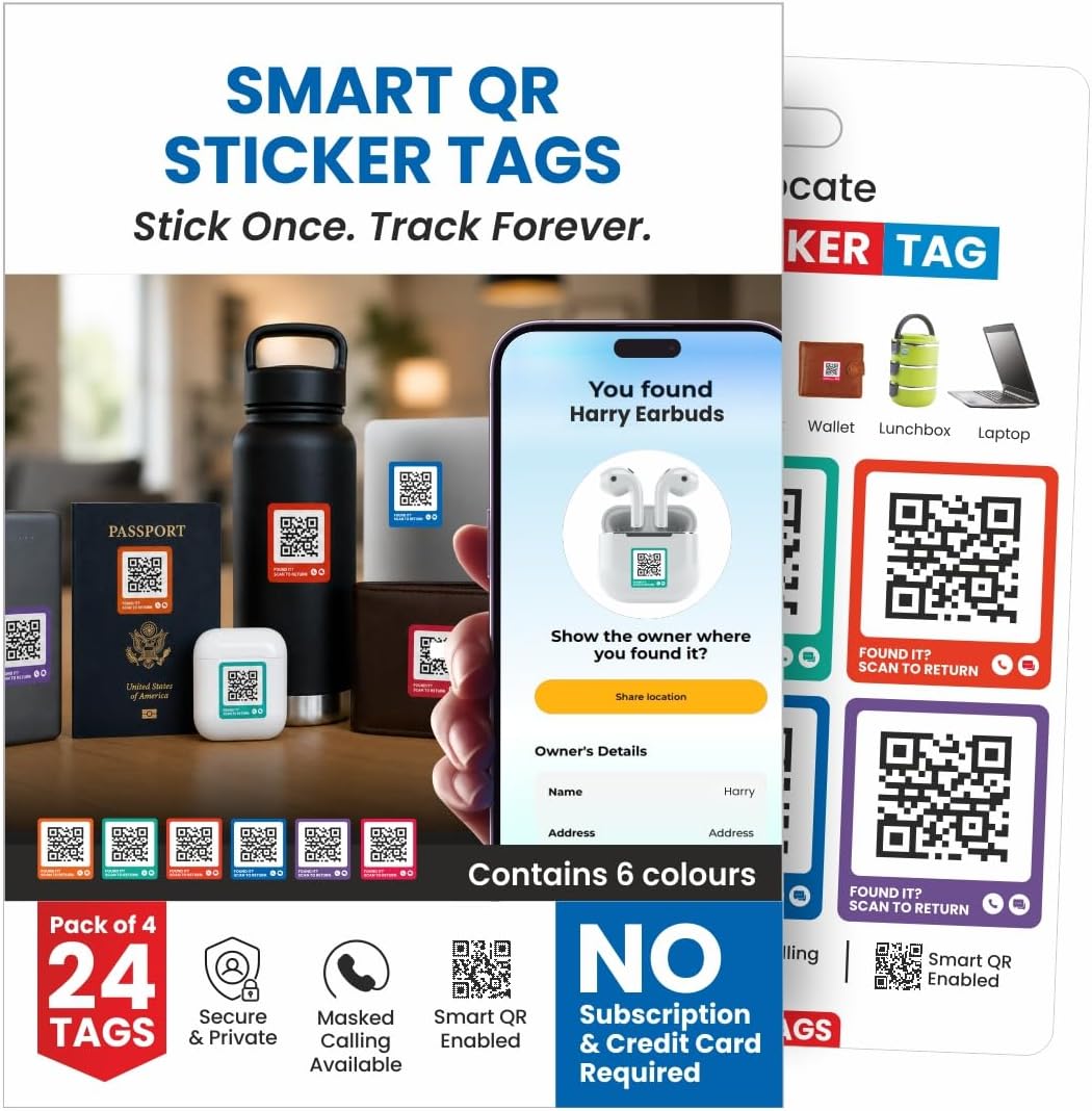 24Pcs Smart QR Code Items Tags Lables for All-Purpose | Waterproof Anti-Lost Stickers for Laptop Passport Water Bottle Wallet Bags Keys | Name ID Tags for Valuables Lost Items iOS Android