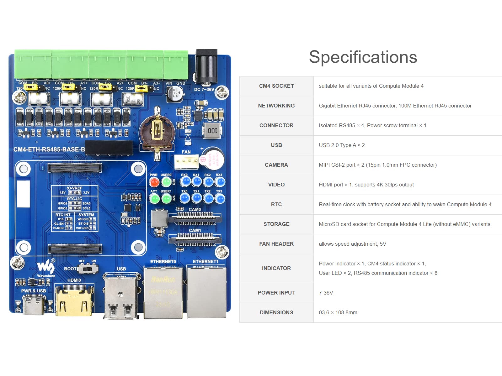 ETH RS485 Scheda di Base per Raspberry Pi Compute Module 4 CM4 Dual ETH Quad RS485 Scheda di Espansione, Integrata Gigabit Ethernet/100M Ethernet/4CH Isolata RS485/CSI/USB2.0/HDMI/FAN/Micro SD ecc.