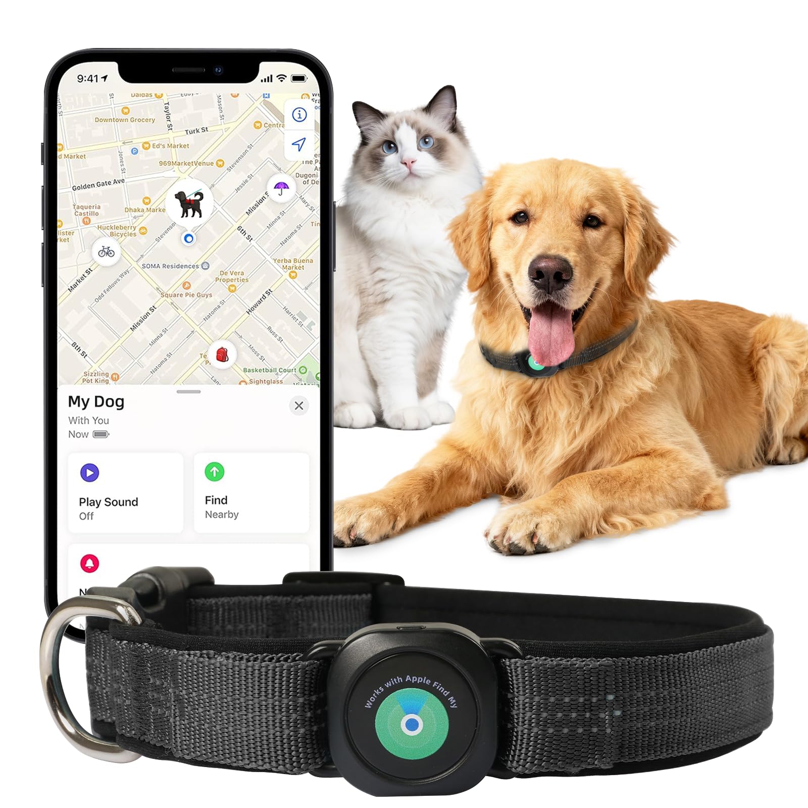 GPS Dog Collar(1 Pack), Mini GPS Cat Tracker, GPS Tracker for Dogs (iOS Only), No Monthly Fee, Compatible with Apple Find My, Anti-Lost, Finder Tag for Kitten Puppy Black M(13.2"-17.5")
