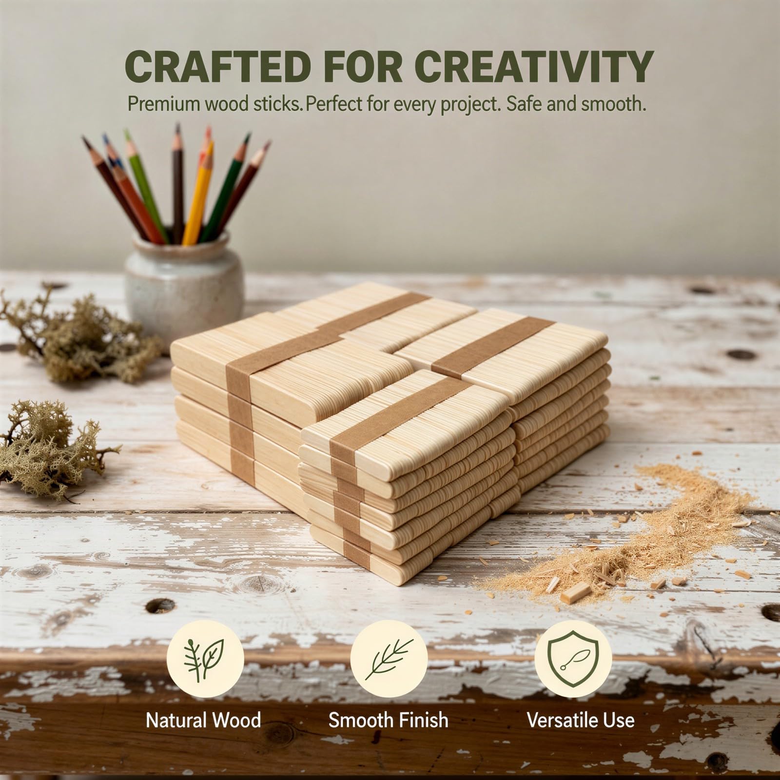 Lot de 1500 bâtons de bricolage en bois, bois brut, 4 tailles 6,5/9,3/11,4/15 cm, bords lisses pour glaces maison, loisirs créatifs, maquettes, projets d'art à domicile et fournitures scolaires