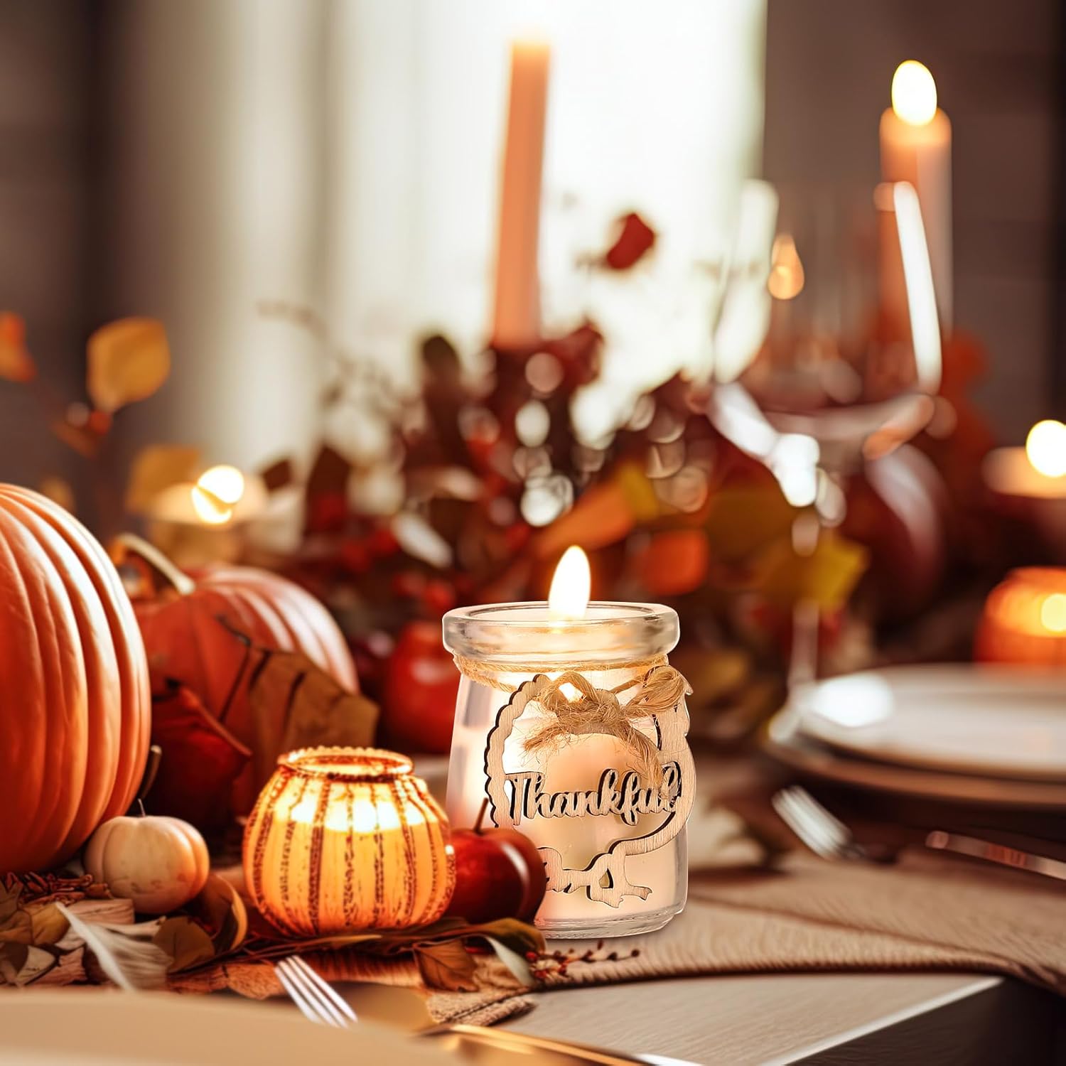 Tondiamo 20 Pcs Fall Scented Candles Gifts Bulk 1.42 oz Bluebell Scented Thanksgiving Jar Candles with Wooden Thankful Pumpkin Maple Leaf Turkey Tag for Fall Thanksgiving Baby Shower Home Party Favors