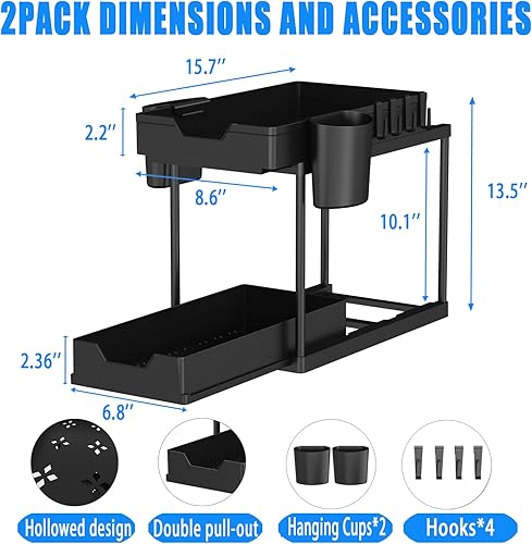 Miniatura 3 de SDXYSTCE - Paquete de 2 organizadores para debajo del fregadero y almacenamiento de 2 niveles, cajón extraíble doble deslizante, organizador