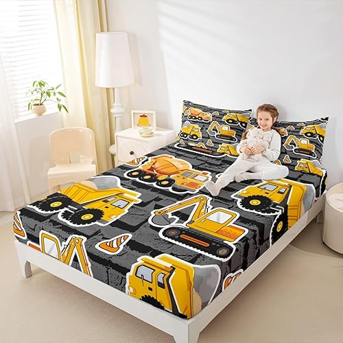 Miniatura 3 de Erosebridal Juego de ropa de cama de excavadora, sábana bajera ajustable de tractor para niños y niñas, juego de sábanas retro de camión de