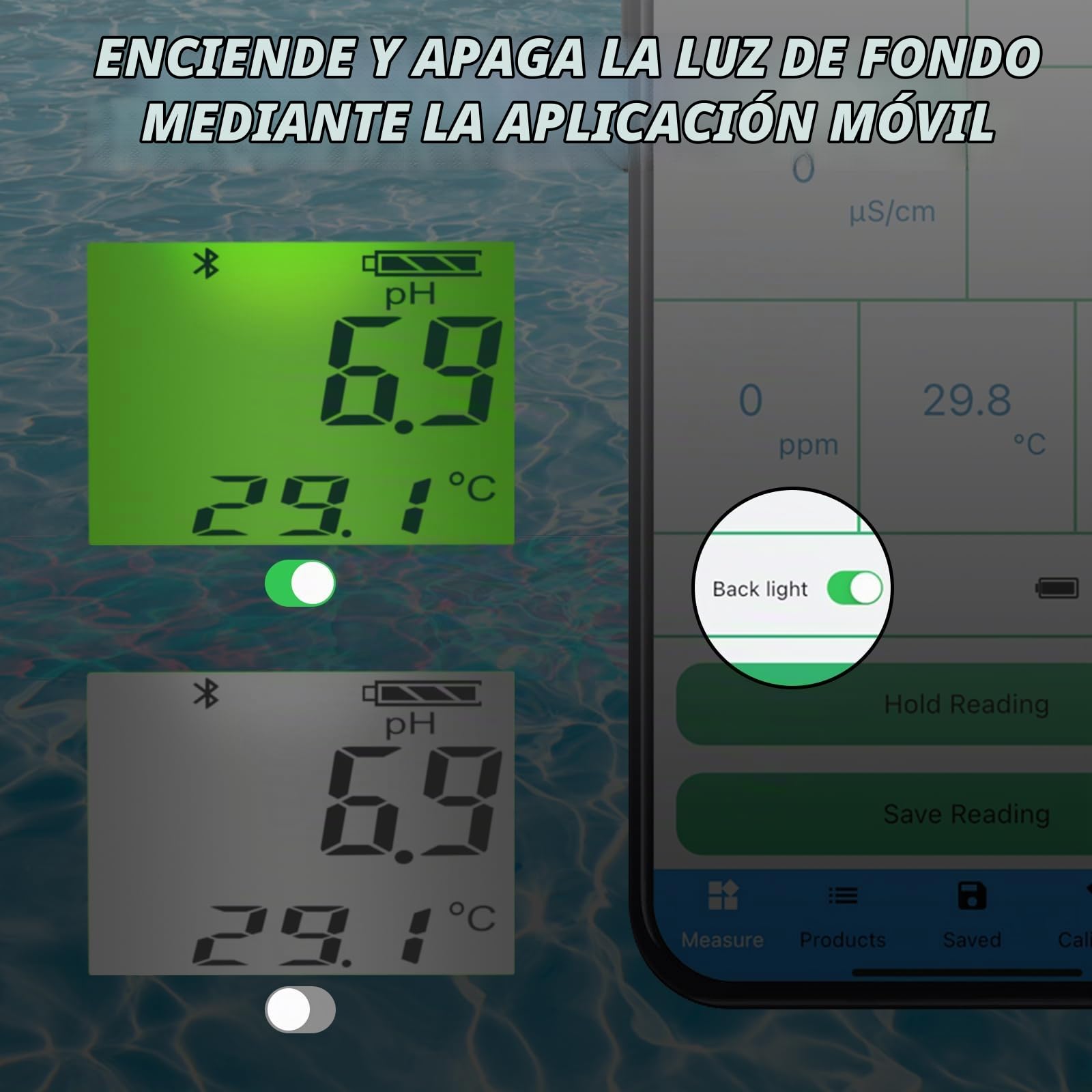 Monitor Digital Flotante de Agua 6 en 1 con Bluetooth | pH, EC, ORP, cloro, Salinidad y Temperatura en Tiempo Real | 1000 Registros de Datos, Resistente al Agua IP67, Monitorización 24 Horas