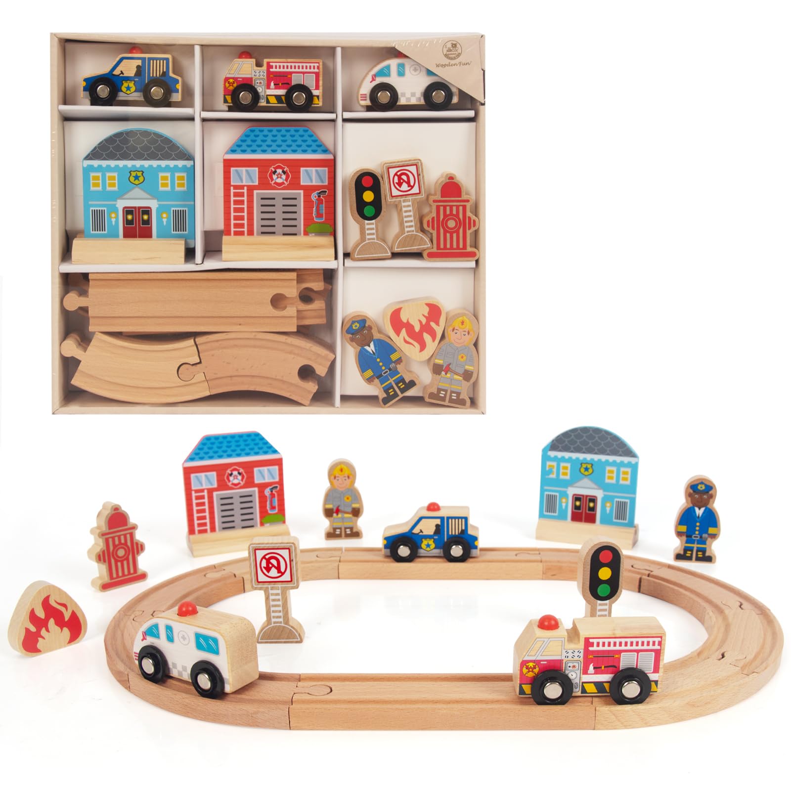 WoodenFun Wooden Rail Trolley Set Fireman Police Theme Children's Toy Wooden Railway 3 4 5 Years