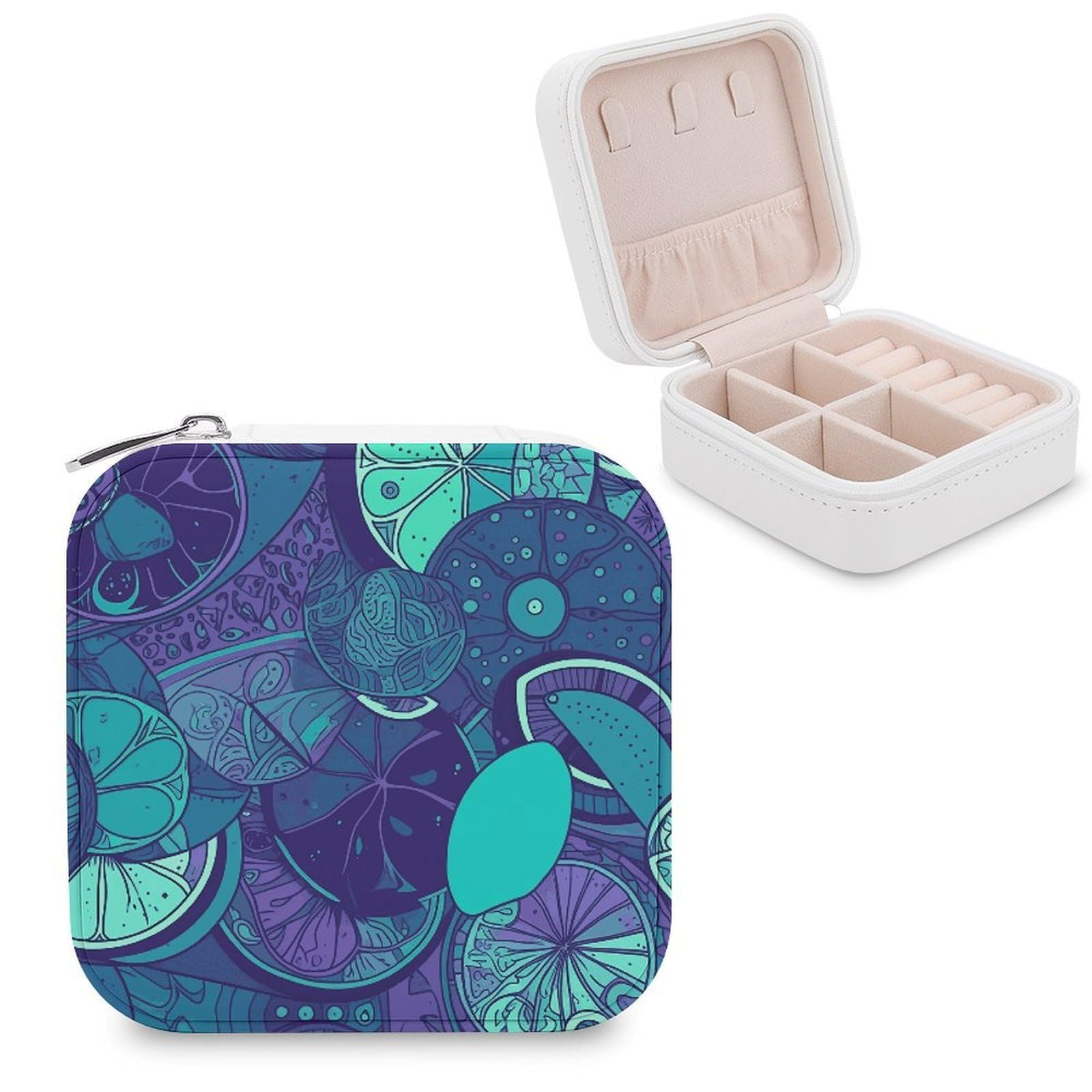 MUSM Blue Teal Lemon Travel Jewelry Case Personalized PU Leather Jewelry Boxes for Women Small Portable Jewelry Organizer Box Cute Trinket Box for Necklaces Rings Earrings & Gifts