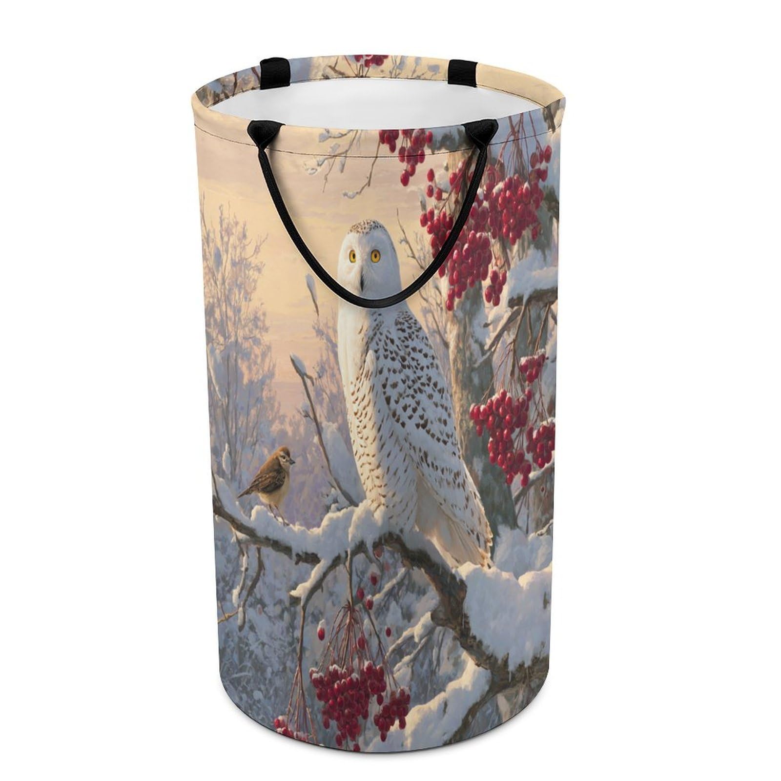 LUYYSKY Rustic Watercolor Winter Owl Versatile Storage Laundry Basket, Colorful Classic Snowy Forest Landscape Animal Owl Large Capacity Bathroom Hamper With Handle