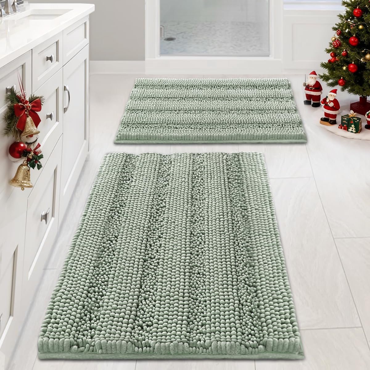 H.VERSAILTEX Sage Bathroom Rugs, Bath Mat Set of 2 Extra Thick Chenille Striped Pattern Shaggy Bath Rugs for Bath Room, Non Skid Bath Mats for Bathroom Floor (32 x 20 Plus 24 x 17 - Inches)