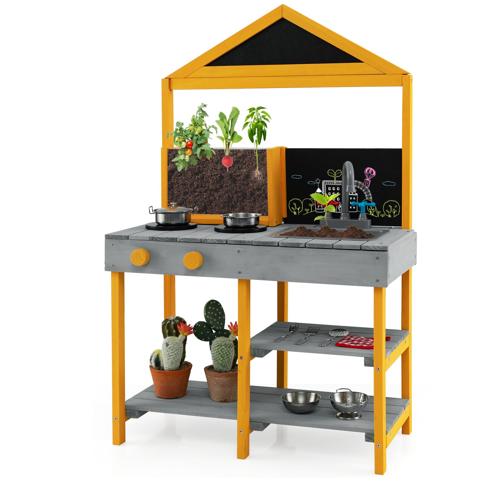 GYMAX Kids Mud Kitchen, Outdoor Toy Kitchens with Root Viewer Planter, Faucet, Removable Sink, 2 Chalkboards, Shelves & Cookware Accessories, Wooden Play Kitchen for 3+ Years Old (Grey+Yellow)