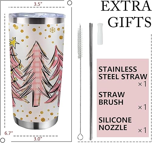 Miniatura 2 de Vaso de árbol de Navidad con tapa y pajilla, taza de café de viaje de acero inoxidable con diseño de copos de nieve de búfalo de Navidad rosa,