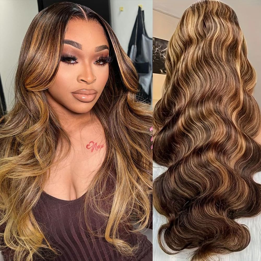 Ombre Lace Front Wig Human Hair Pre Plucked Body Wave 13x4 HD Lace Front Wigs Human Hair 4/27 Colored Highlight Wig Human Hair 200 Density Honey Blonde Wigs 24 Inch