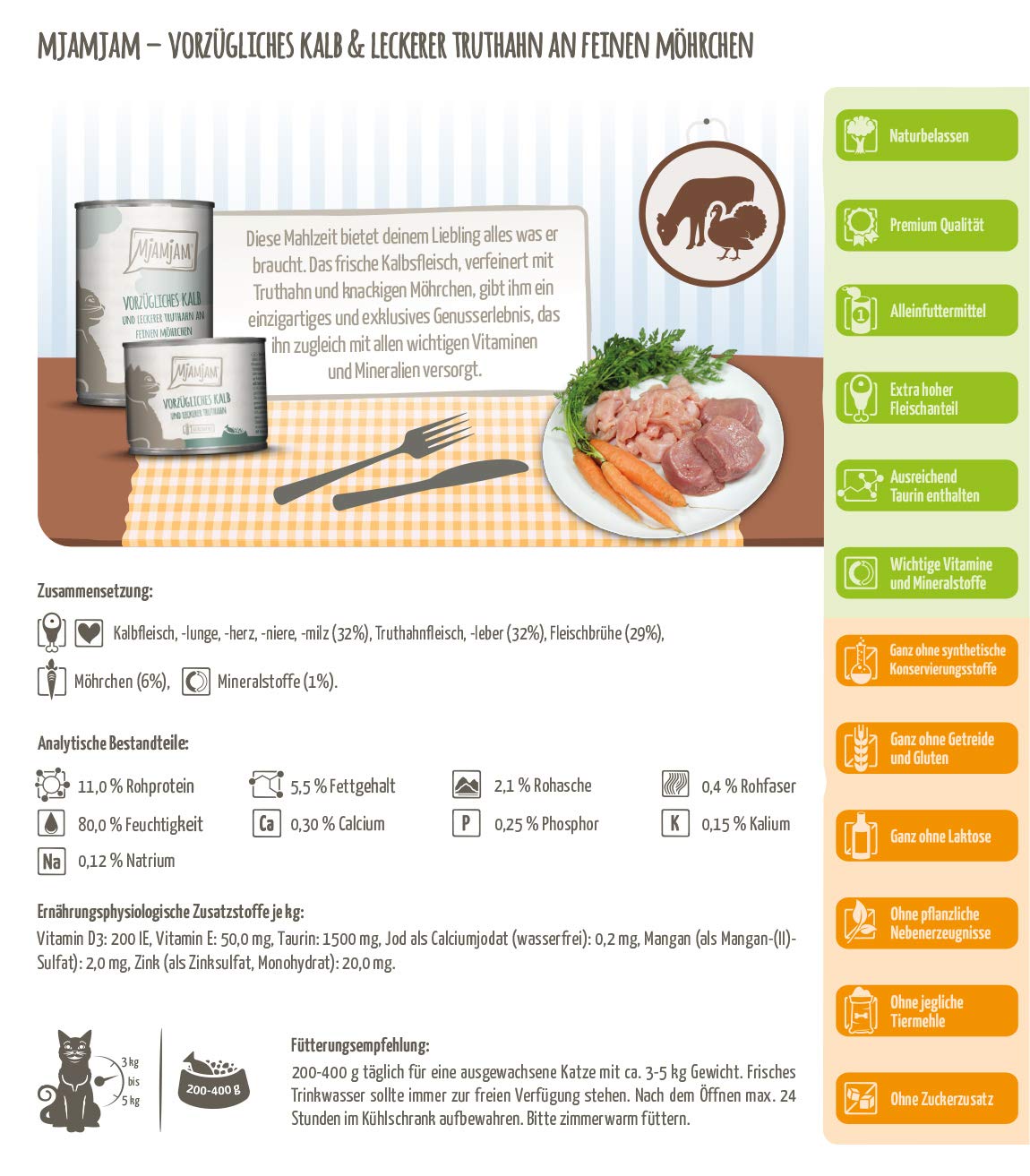 MjAMjAM - cibo umido premium per gatti - ottimo vitello e tacchino con deliziose carote, confezione da 6 (6 x 200 g), senza cereali con carne extra