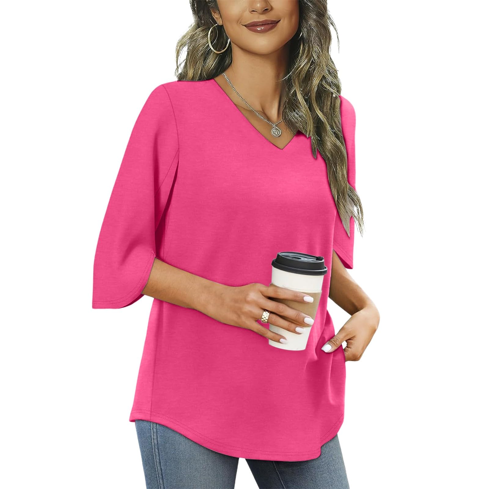 Tee Shirt Ete Femme Manches 3/4, Tunique Grande Taille Femme Col V,Haut Chic Et élégant Couleur Unie Tops Tendance Basiques Ourlet Asymétrique Chemise Léger Fluide Ample De Plage Quotidien Blouse