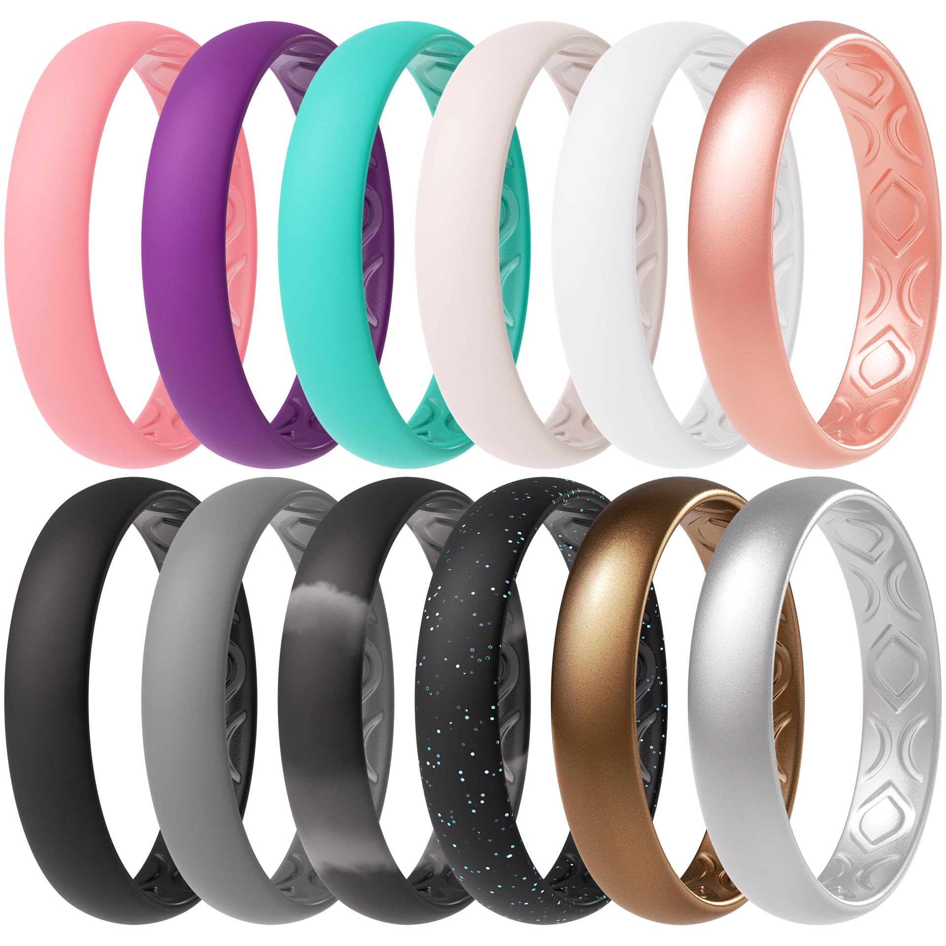 ThunderFit Women Breathable Silicone Bridal Rings Sets For Her, Wedding Bands - 4mm Wide, 1.5mm Thick - 1-12 Variety Multipack