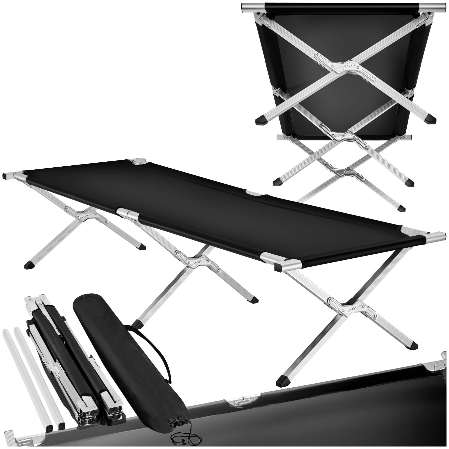 Lit de camp pliable tectake noir 190x70 cm avec cadre aluminium et housse