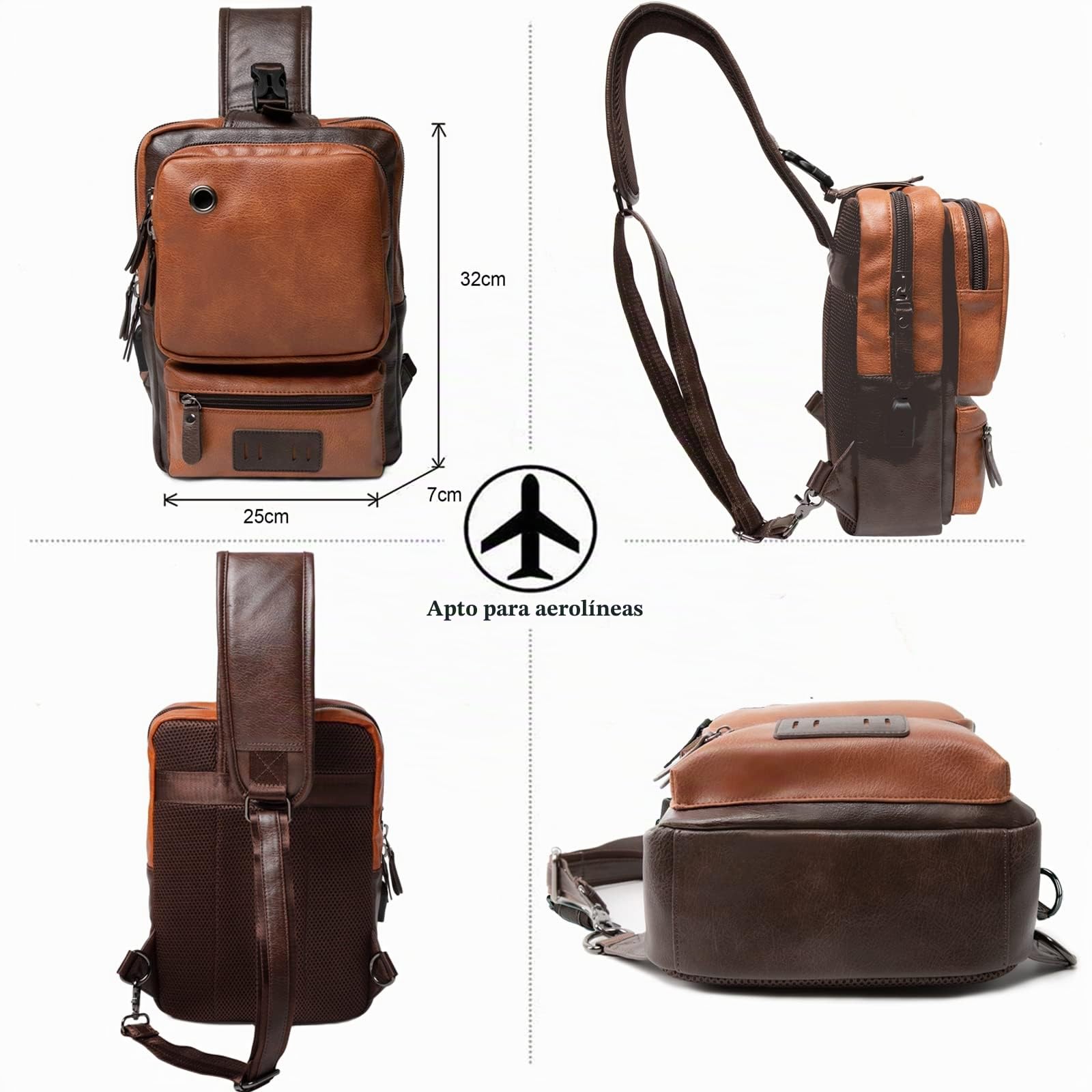 AONEGOLD Bolso Pecho Hombre Pequeña Piel Vintage Mochila de Cuero PU Bandoleras Cruzada Sling Bag Crossbody Puerto de Carga USB Bolsos Cruzados